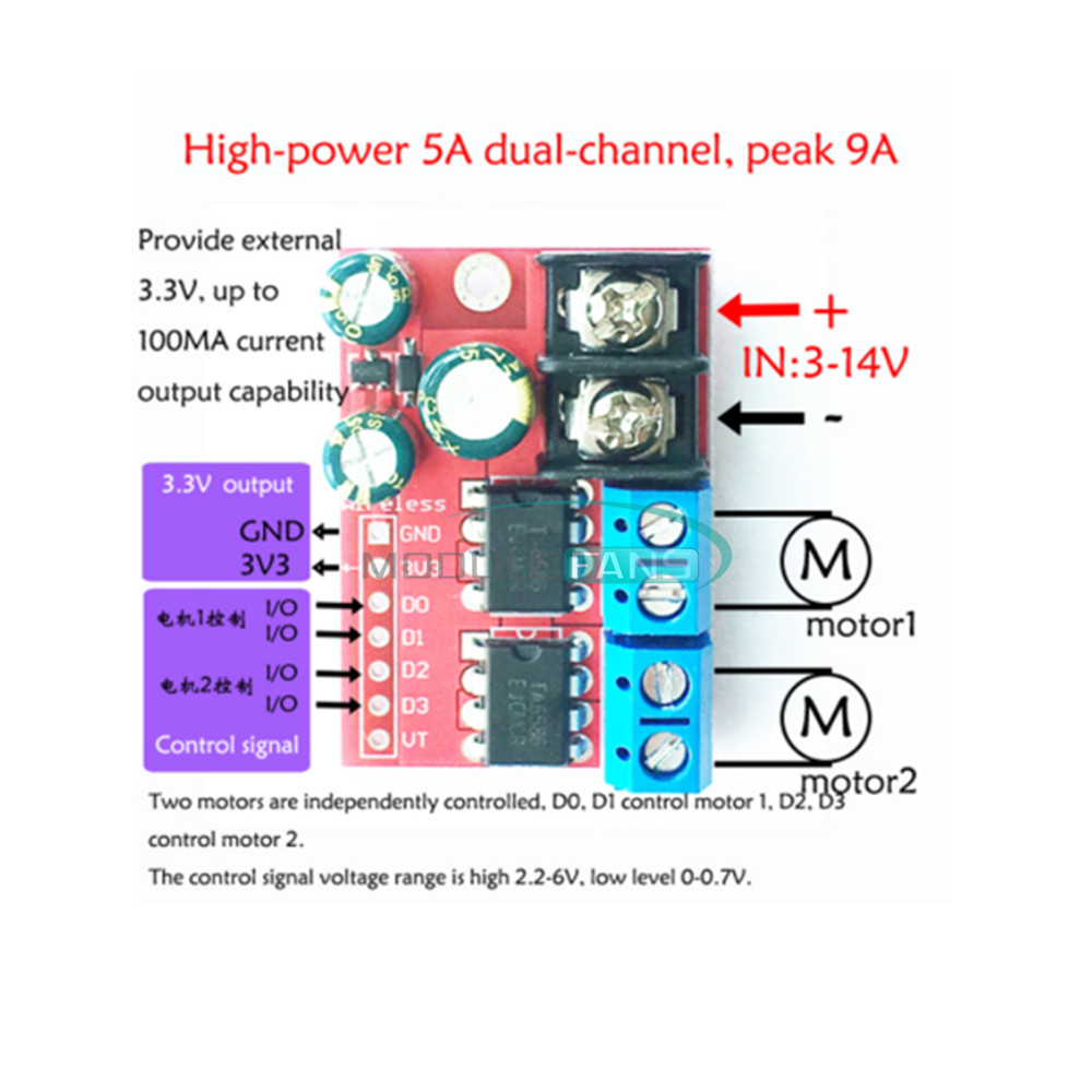 5A Dual DC Motor Drive Remote Control Double H-Bridge PWM Speed Control Module