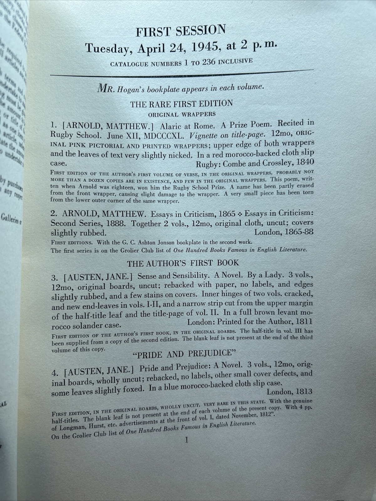 Parke-Bernet Catalog: Frank J. Hogan Library Collection- 1945