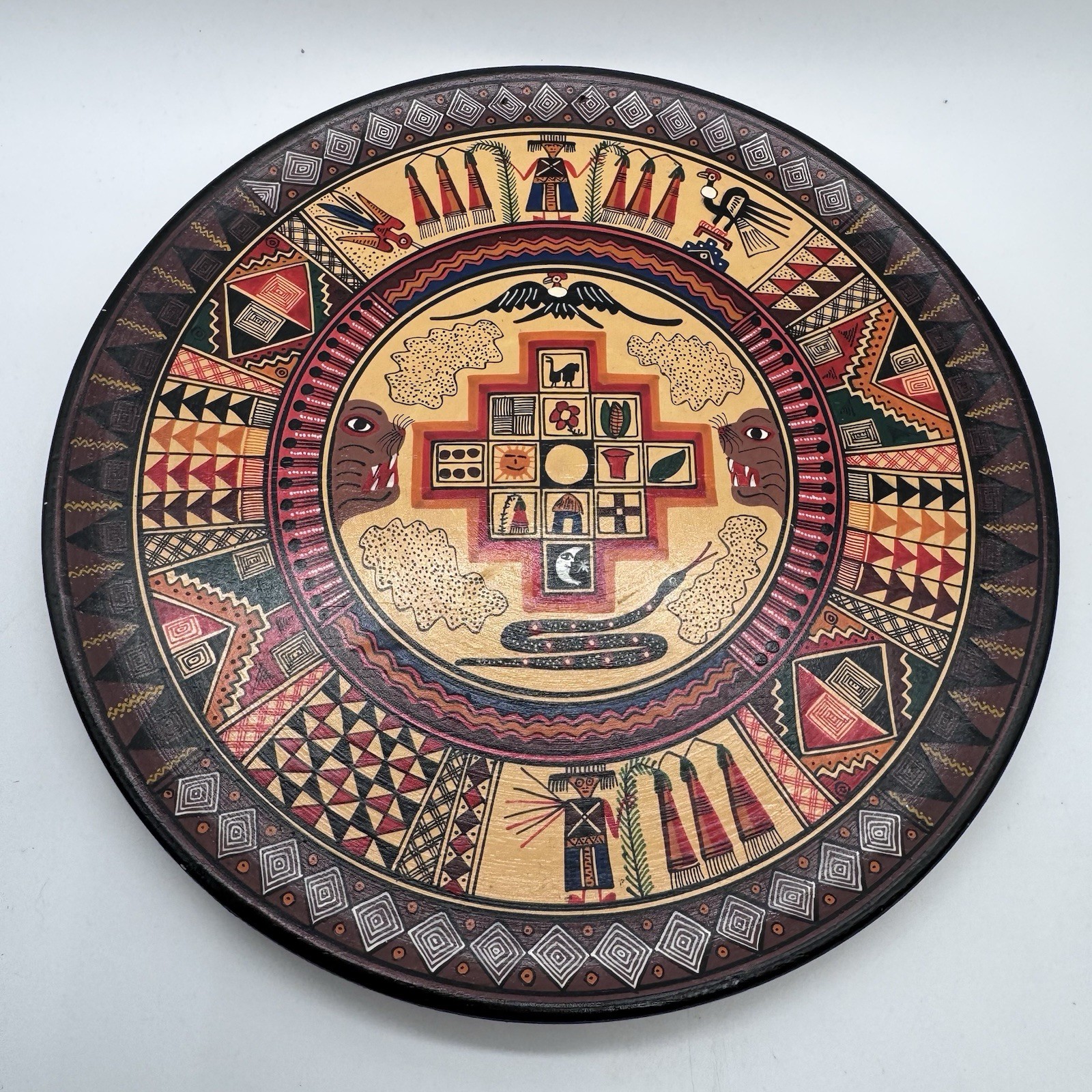 Signed Vintage Peruvian Wooden Plate 10 Inch Hand-Painted Inca Folk Art Wall