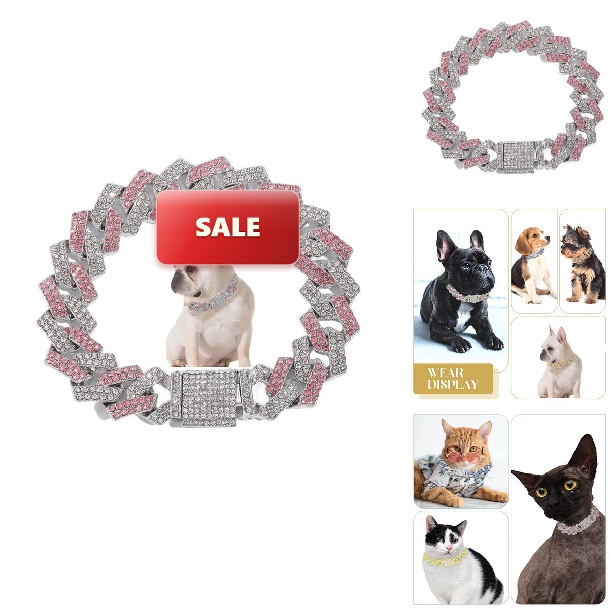 WeimoMonkey Pink Cuban Link Dog Chain Collar, Diamond Dog Necklace Rhinestone