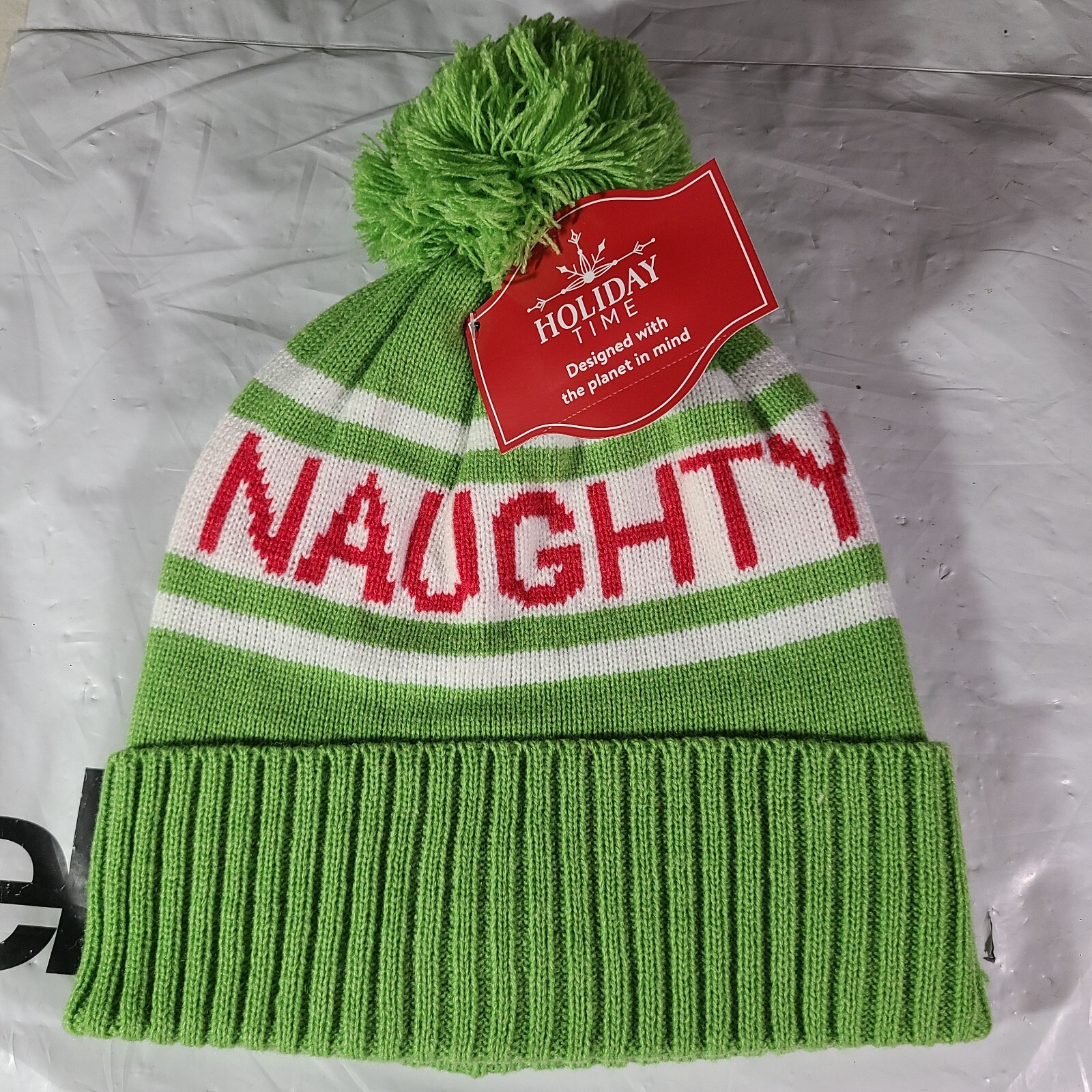 NWT Holiday Time Beanie Hat "Naughty" OSFM Pom Pom NWT