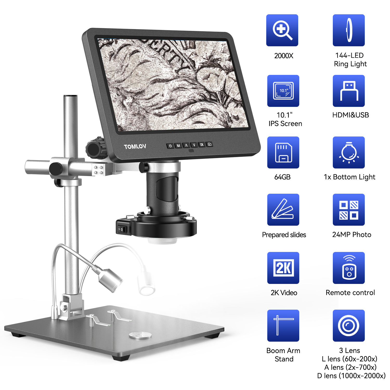 TOMLOV Digital Microscope 10'' Screen 2000X Soldering Microscope Flex Arm