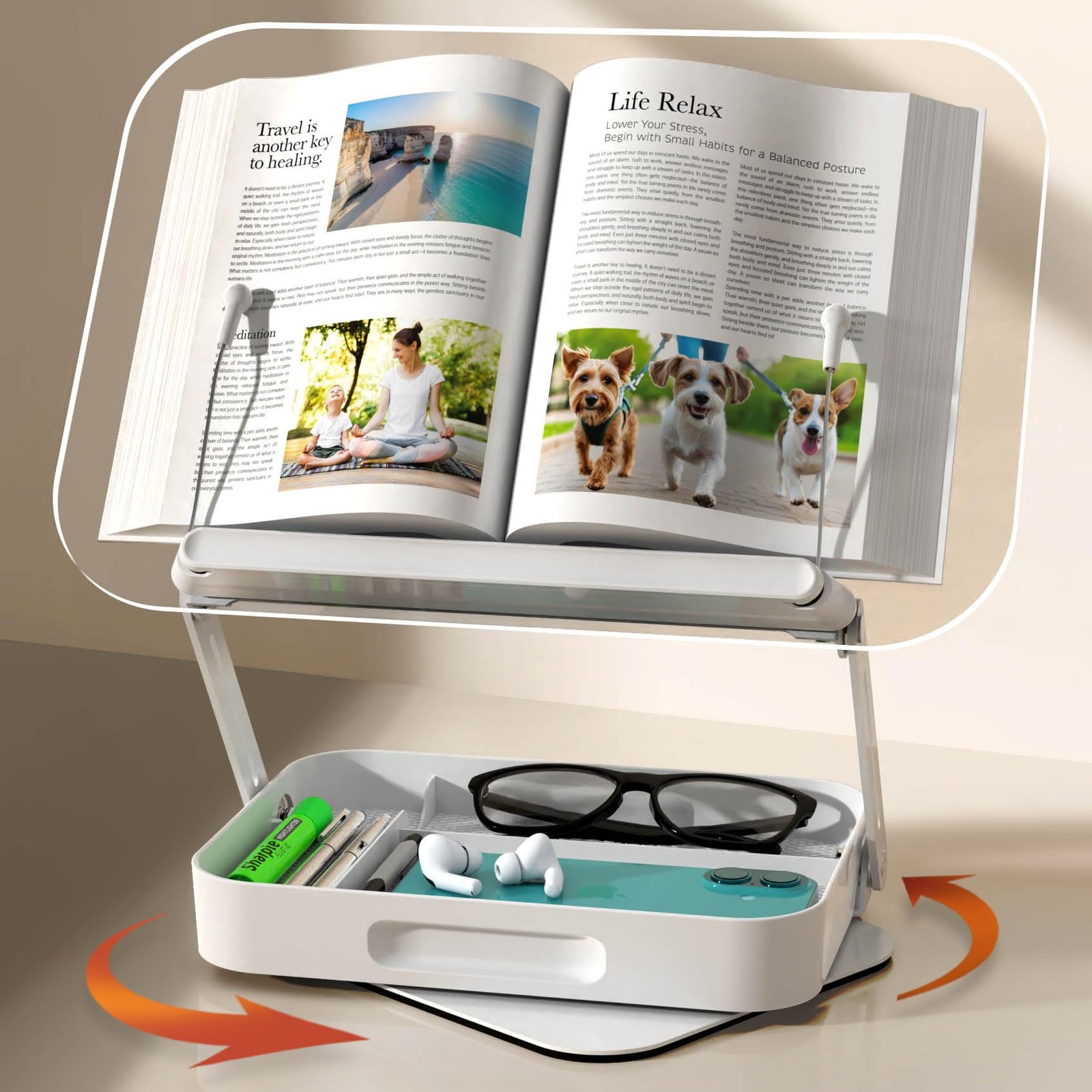 Acrylic Book Stand with Storage, 360° Rotating, Foldable Storage