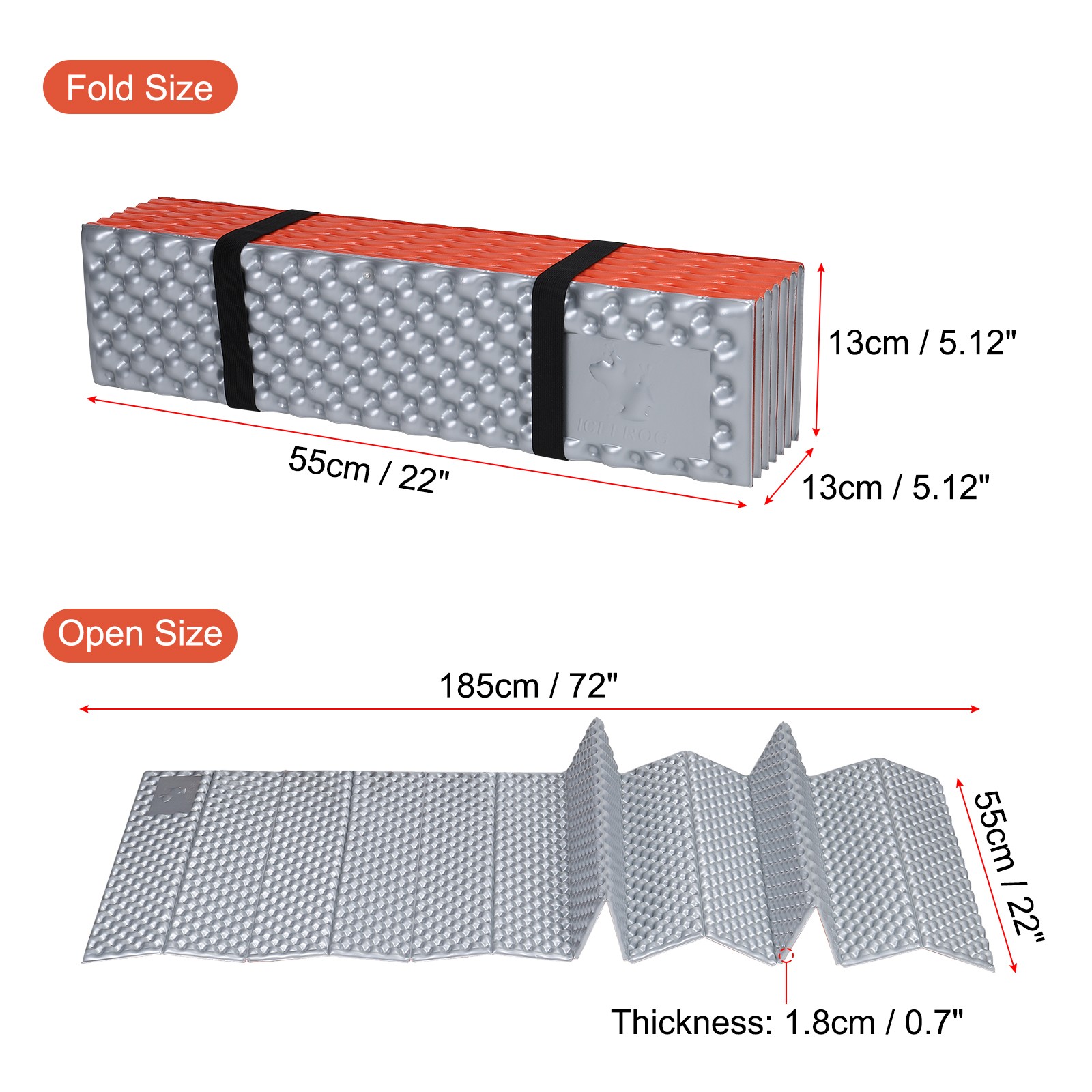 Closed Cell Foam Sleeping Pad R-Value 2.1 Foldable Lightweight Mat Orange
