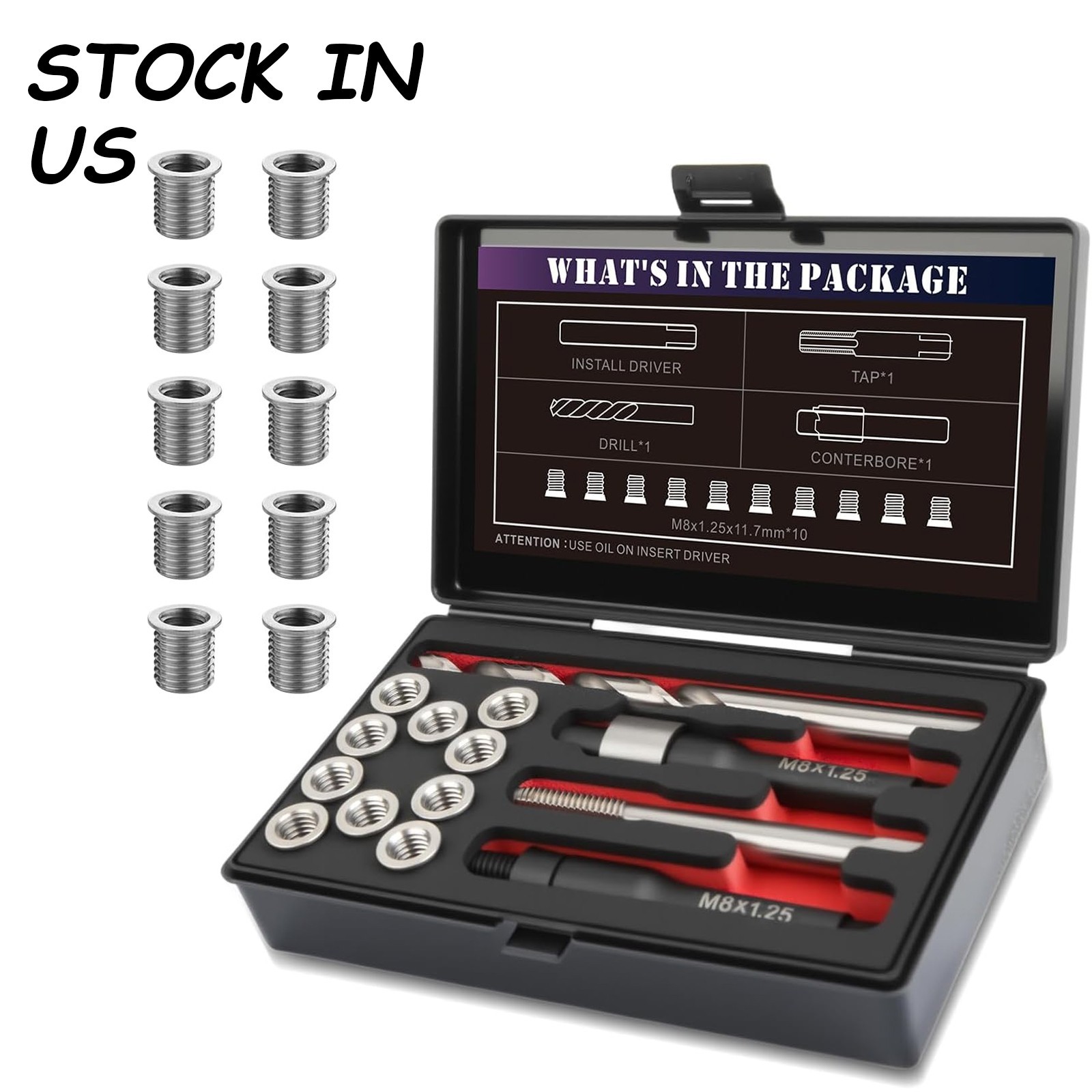M8x1.25x11.7mmx10pcs Thread Repair Kit with 9.4mm Insert HSS Drill, Tap,