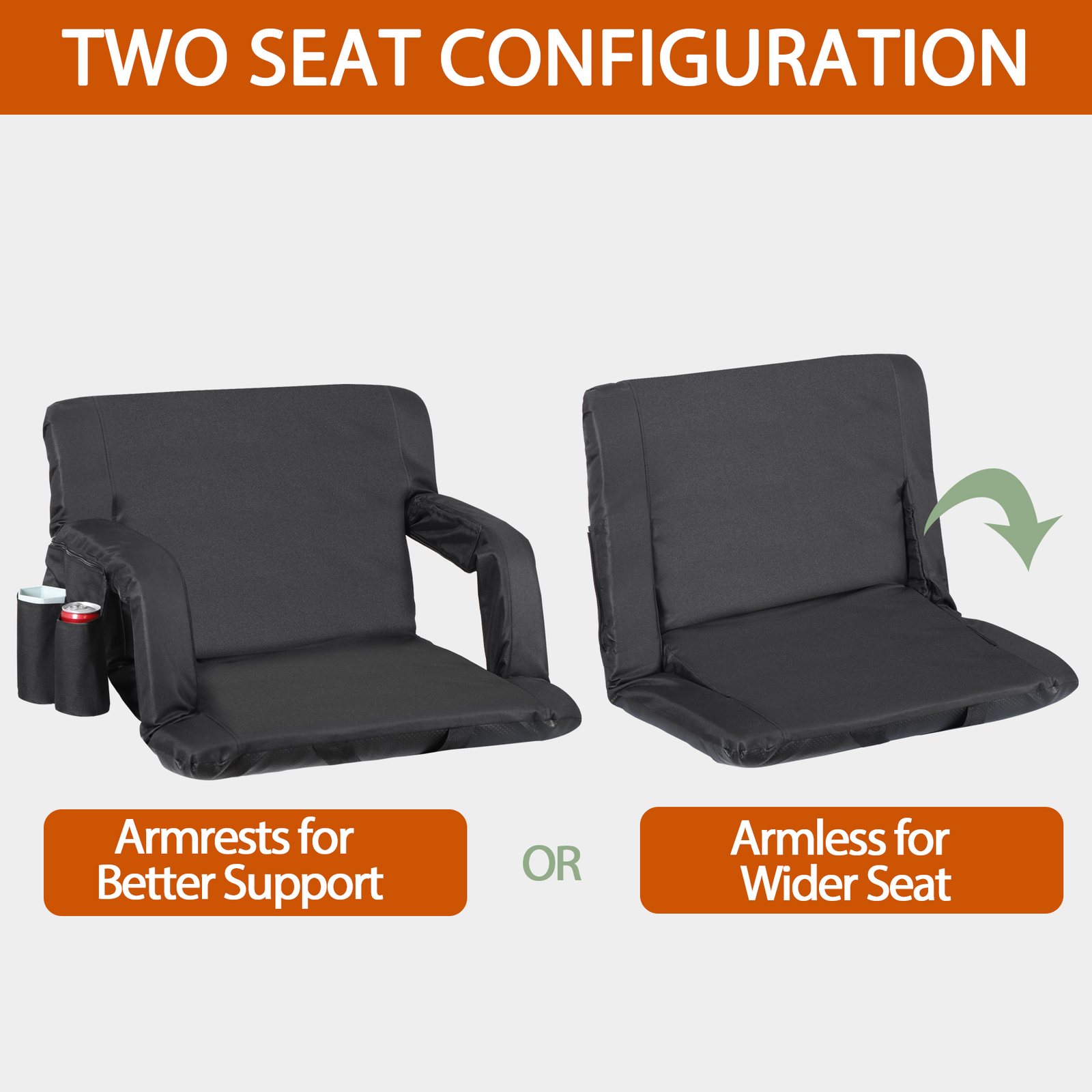 2PCS Reclining Stadium Seat for Bleachers w/ Padded Backrest Adjustable Armrests