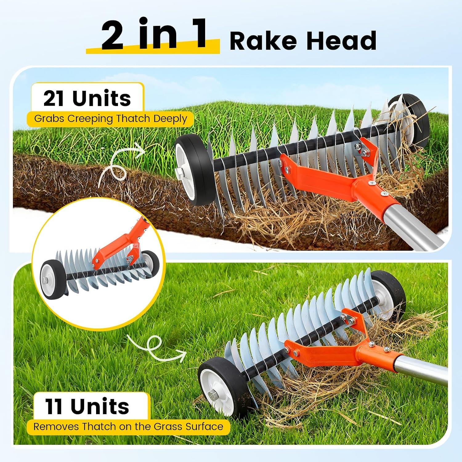 Thatch Rake with Wheels, 37-65.35'' Adjustable Dethatching Roller Rake Adjustabl