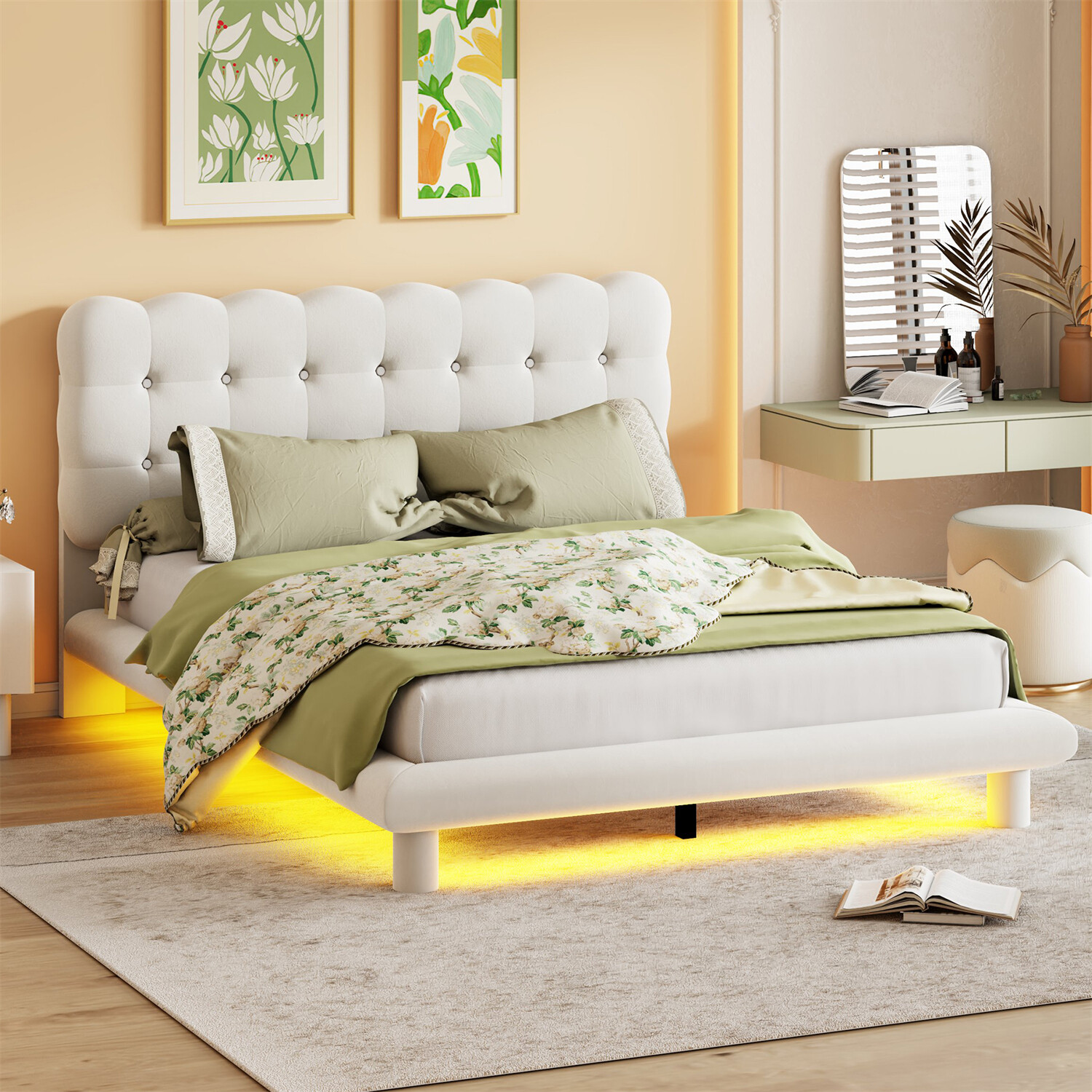 Queen Size Bed Frame Upholstered Platform Bed Frame w/ LED Lights US