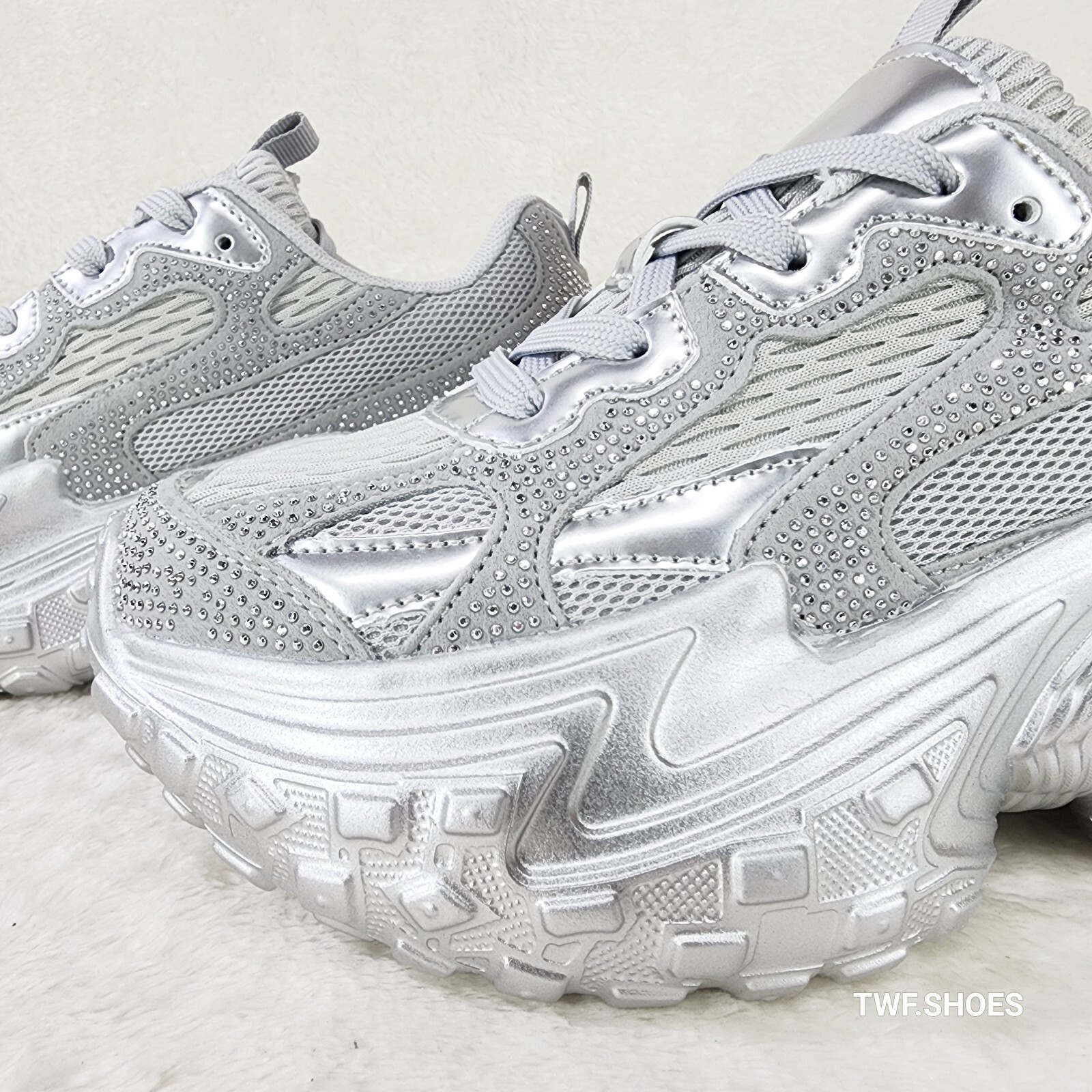 Cush Sparkle Sport Rhinestone Comfy Platform Light Weight Sneakers Silver