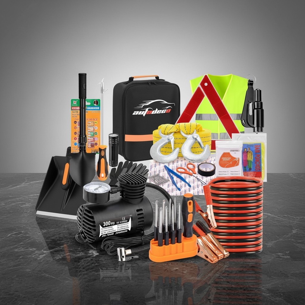 Compact Car Emergency Kit with Inflator and Jumper Cables