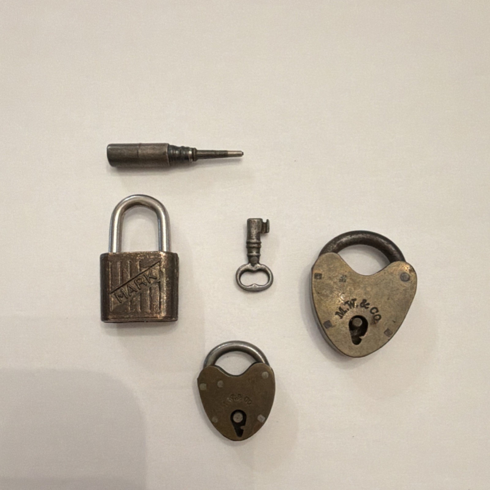 Vintage Padlock Lot (3) Brass/Steel Heart M.W. & Co + MARK, 1 Key, HK