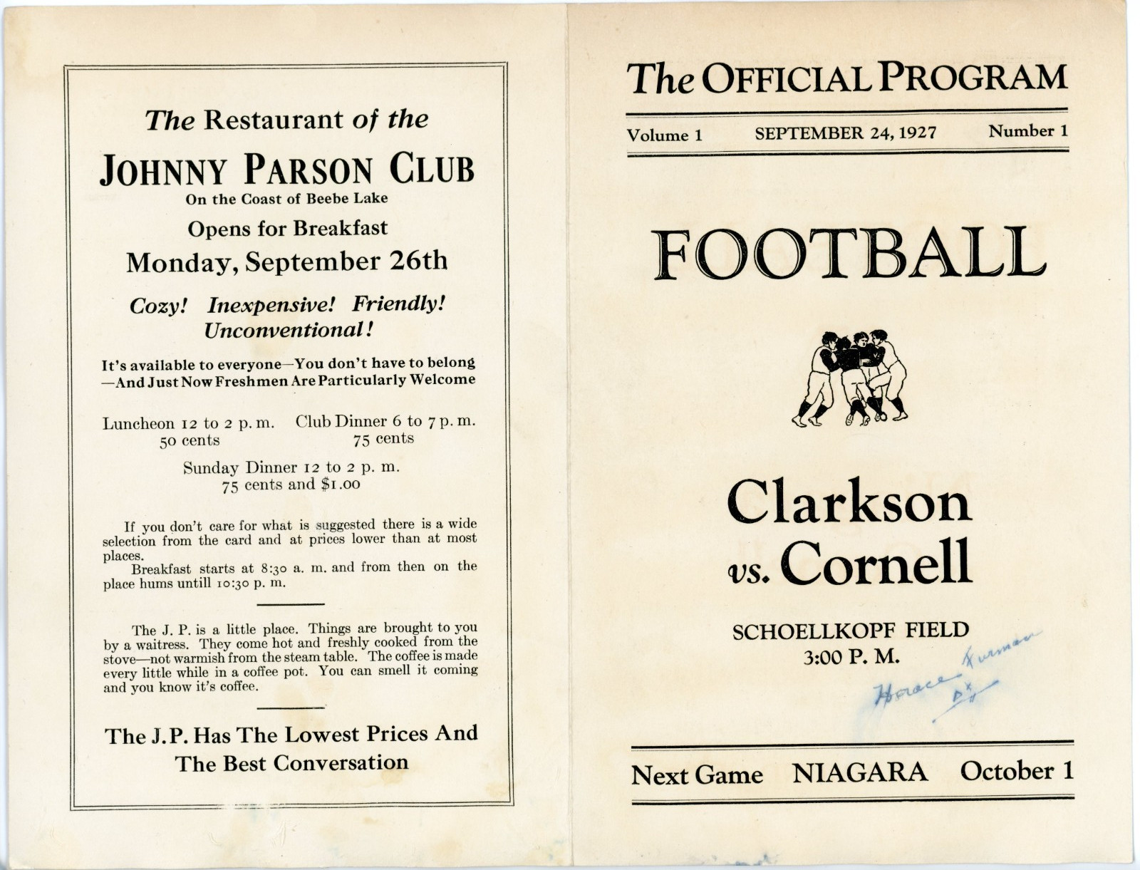 1927 Clarkson vs Cornell Official Football Program #8D