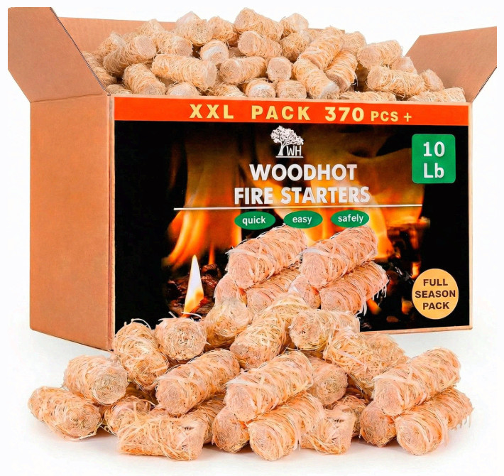 370 pcs Natural Fire Starters 10lb Box - Long Burning, Quick Ignite, Odorless