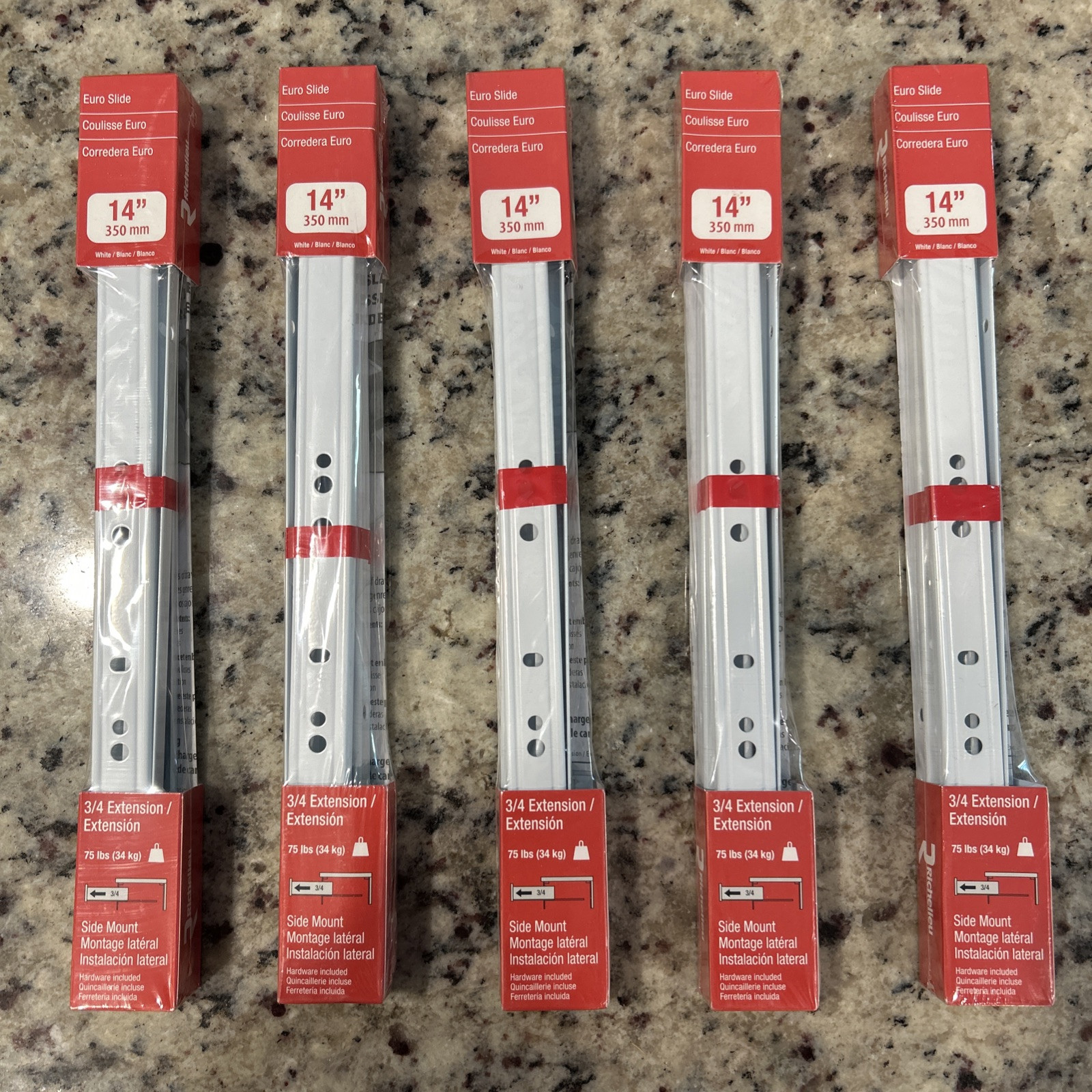 5 Sets Richelieu 14'' Euro Rolling Drawer Side Mount 3/4 Extension 75 lbs