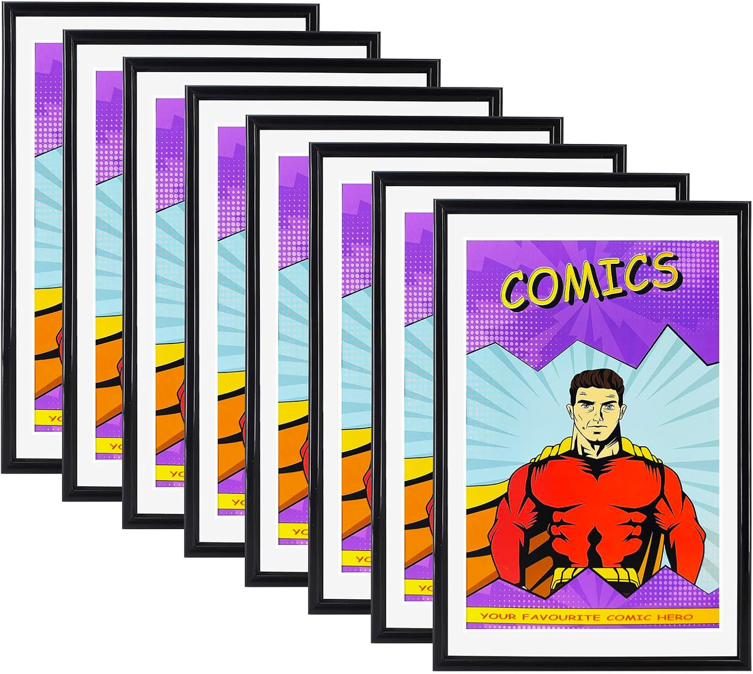 8 Packs, Comic Book Frame with White Mat, UV Protection, Black Frame