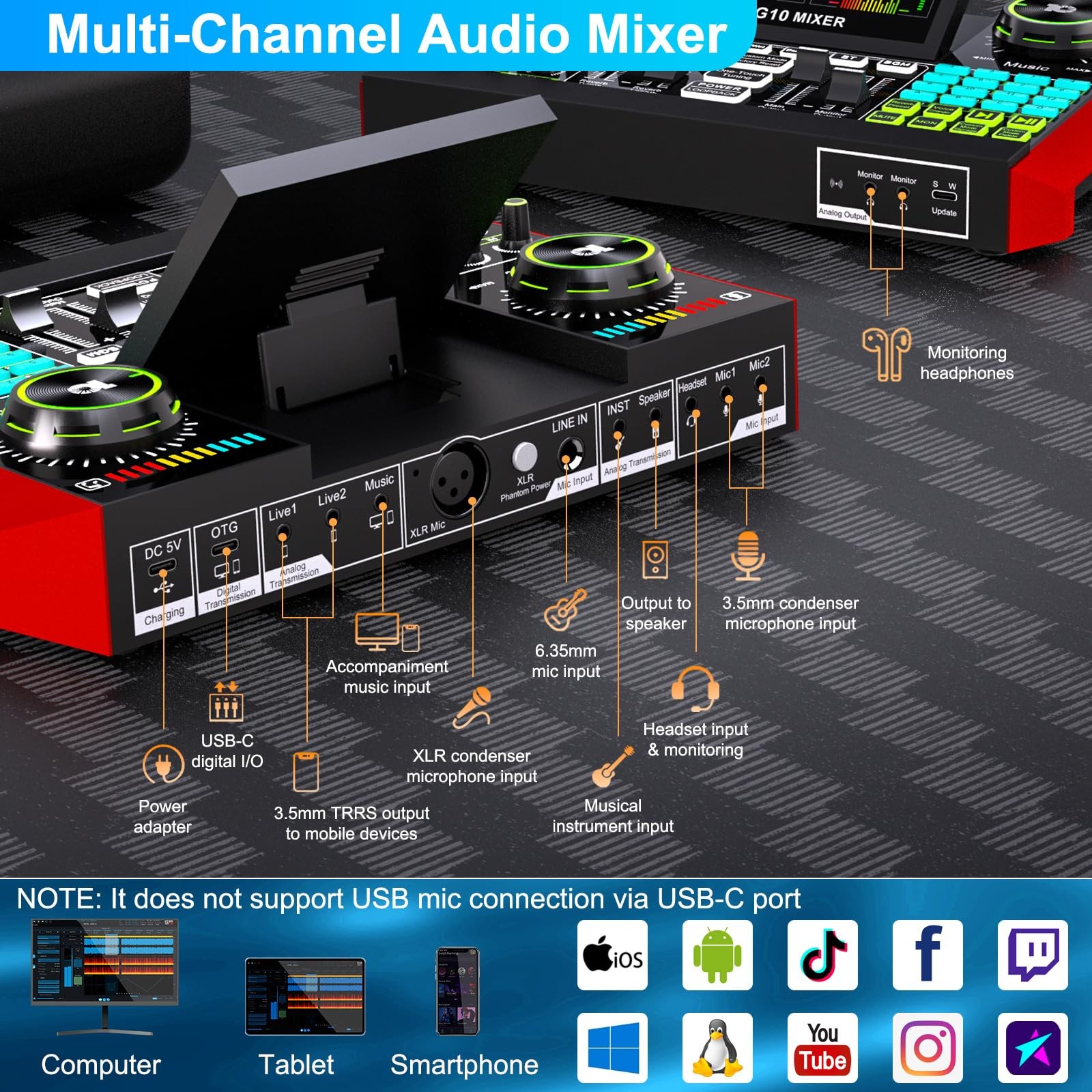 Podcast Microphone Bundle with Audio Mixer for Live Streaming, Singing, Gaming