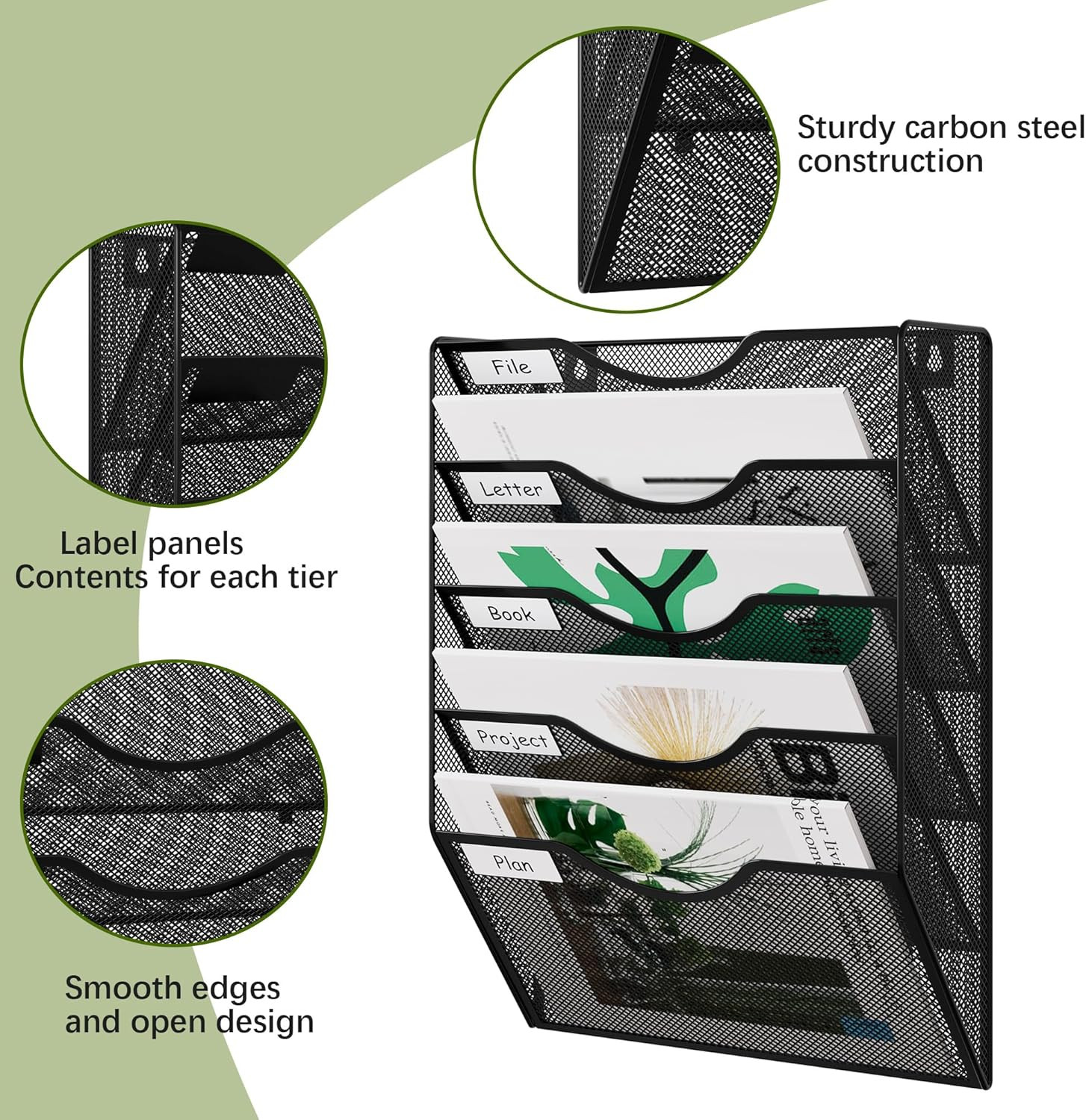 5 Pocket Mesh Wall File Organizer, Hanging Paper Folder Holder with Classify Lab