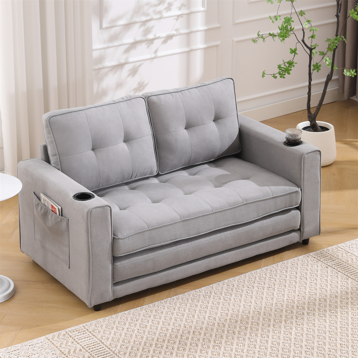 Convertible Sofa Bed Loveseat Futon Sofa Couch w/ Pull-Out Bed Light Gray