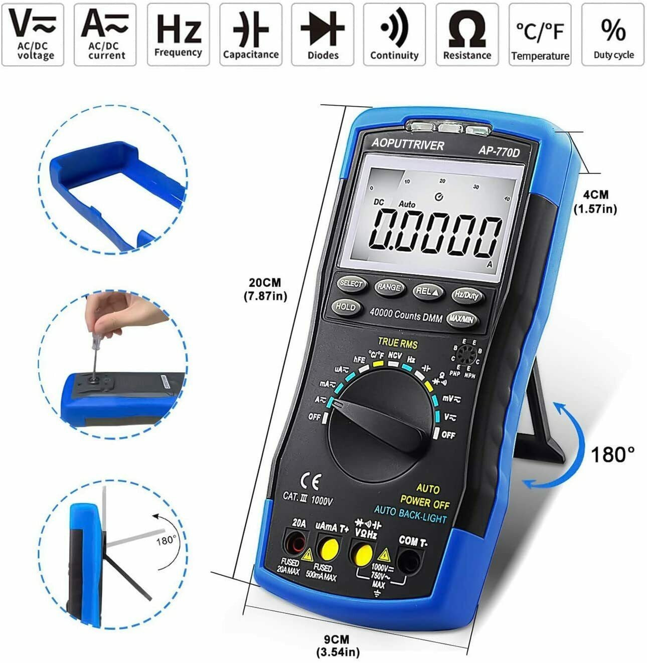 770D Multimeter 40000 Count TRMS AC DC Volt Apm Meter NCV hFE Continuity Test
