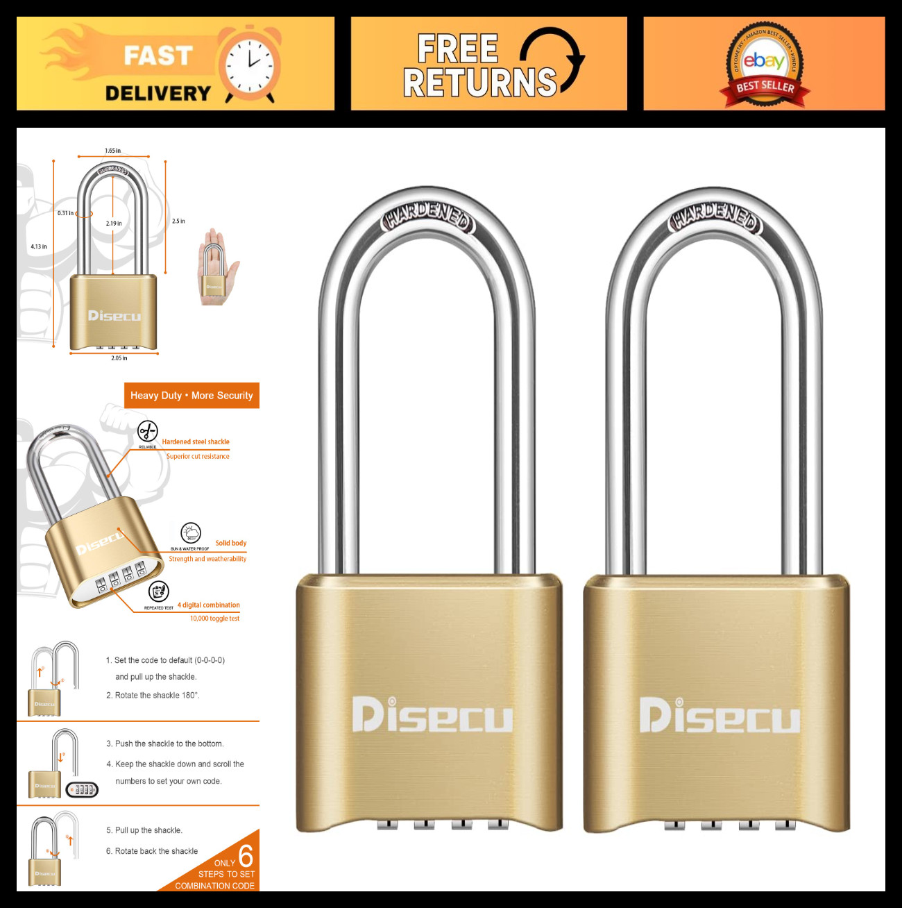 Heavy Duty Waterproof 4-Digit Combination Lock - 2.5" Shackle for Gym, Locker, G