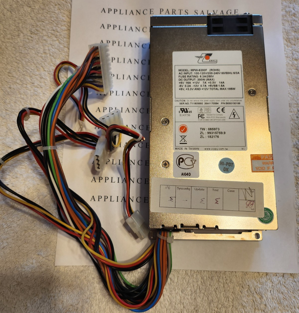 EMACS MODEL MPW-6200F ATX 20 PIN 200W POWER SUPPLY  100-120VAC   TESTED