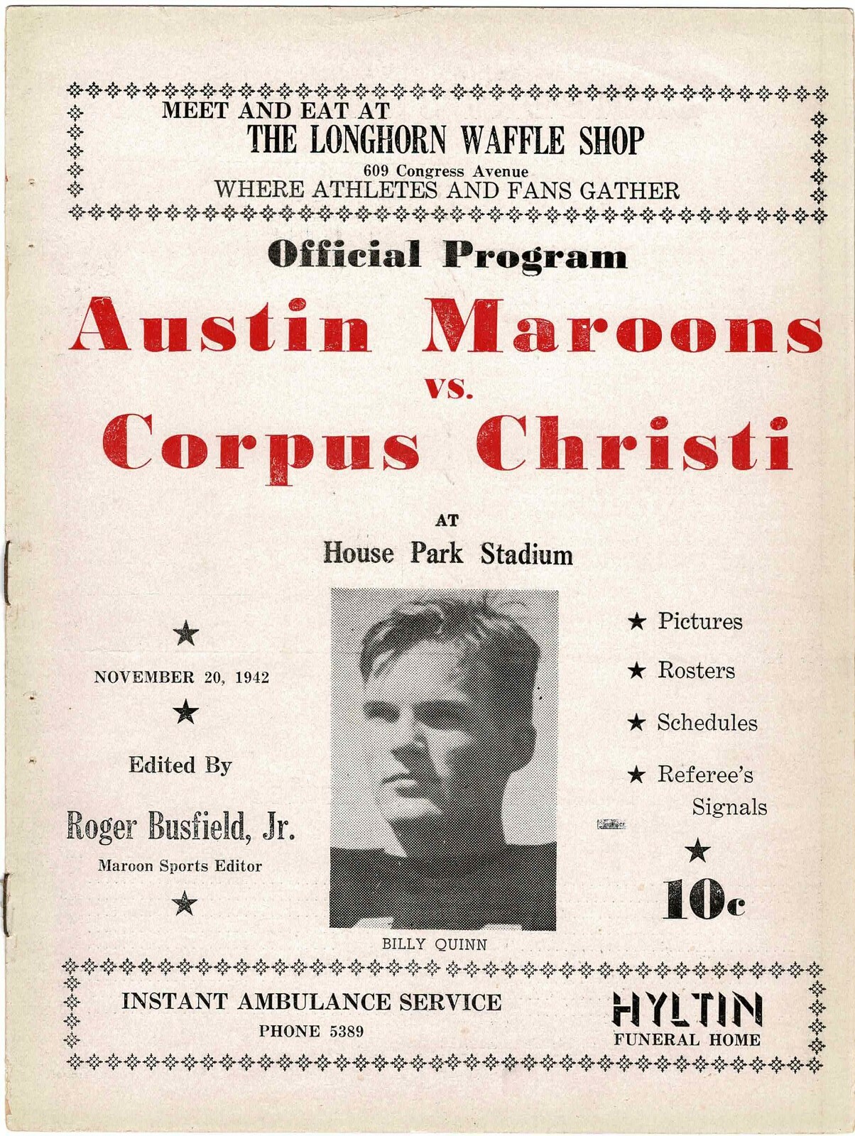 RARE 1942 AUSTIN MAROONS vs CORPUS CHRISTI (TEXAS) High School FOOTBALL PROGRAM