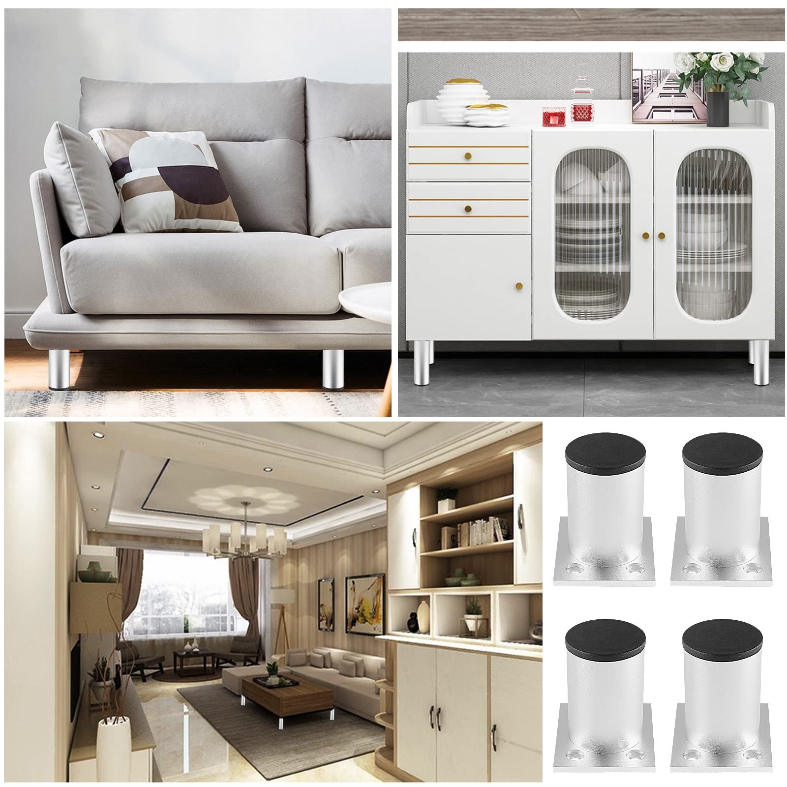 4 PCS Furniture Legs 2.36 Inch Adjustable Aluminum Alloy Cabinet Silver