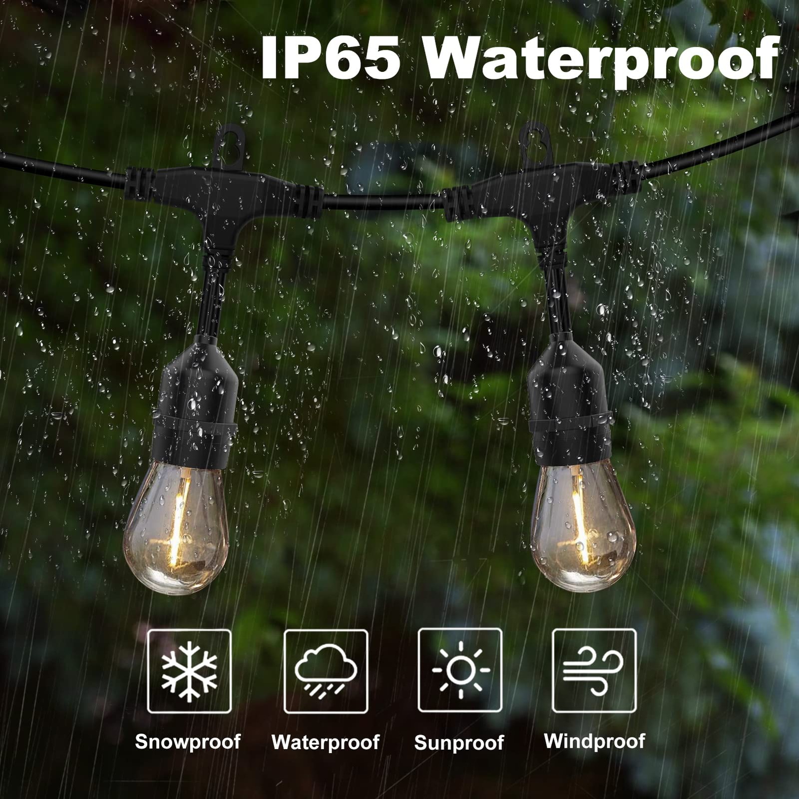 Outdoor String Lights 48FT Dimmable Warm Warm 2200K-E26 Base 48FT 15 Sockets