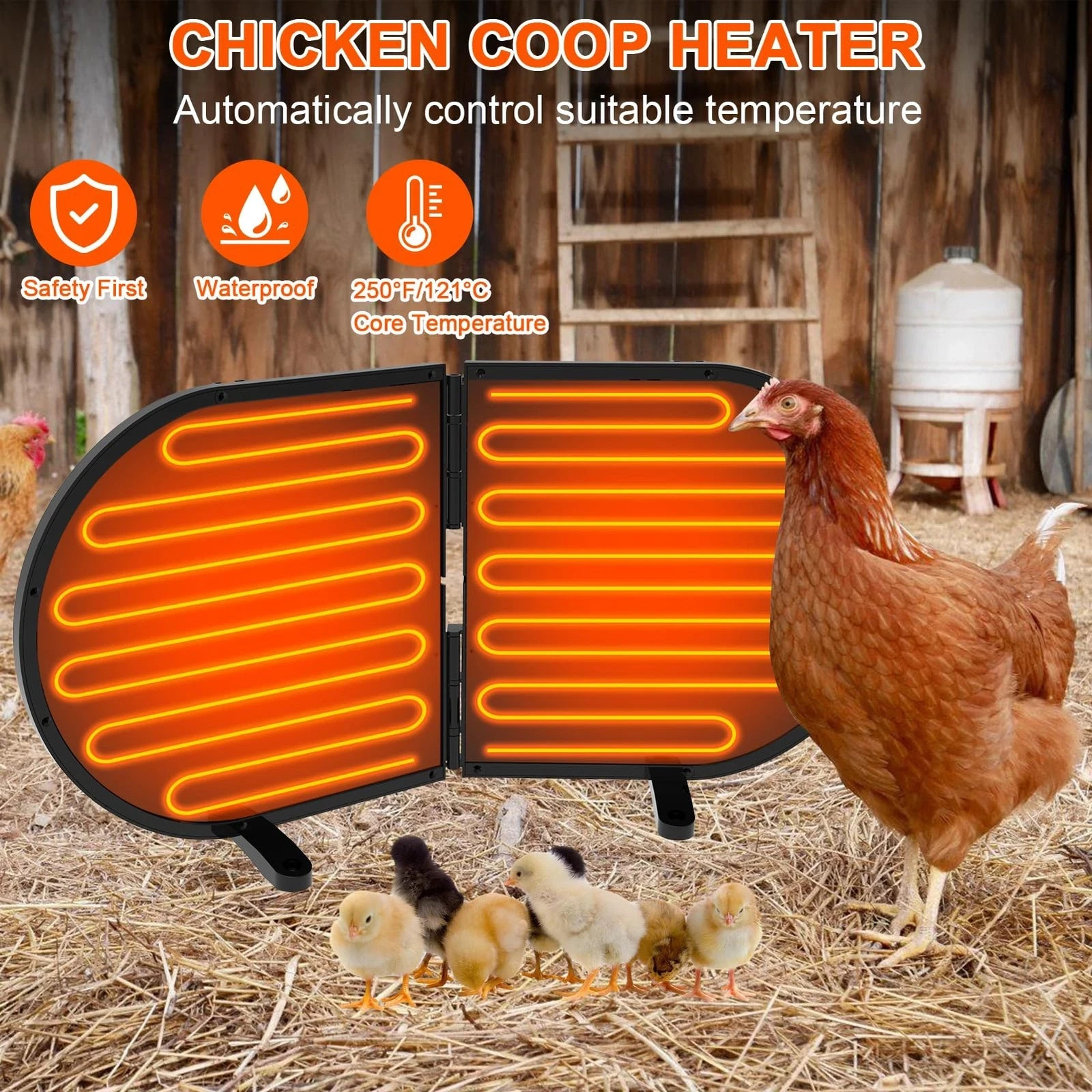 220W Chicken Coop Radiant Heater - Waterproof 3 Temp/5 Timer Tip Over Protection