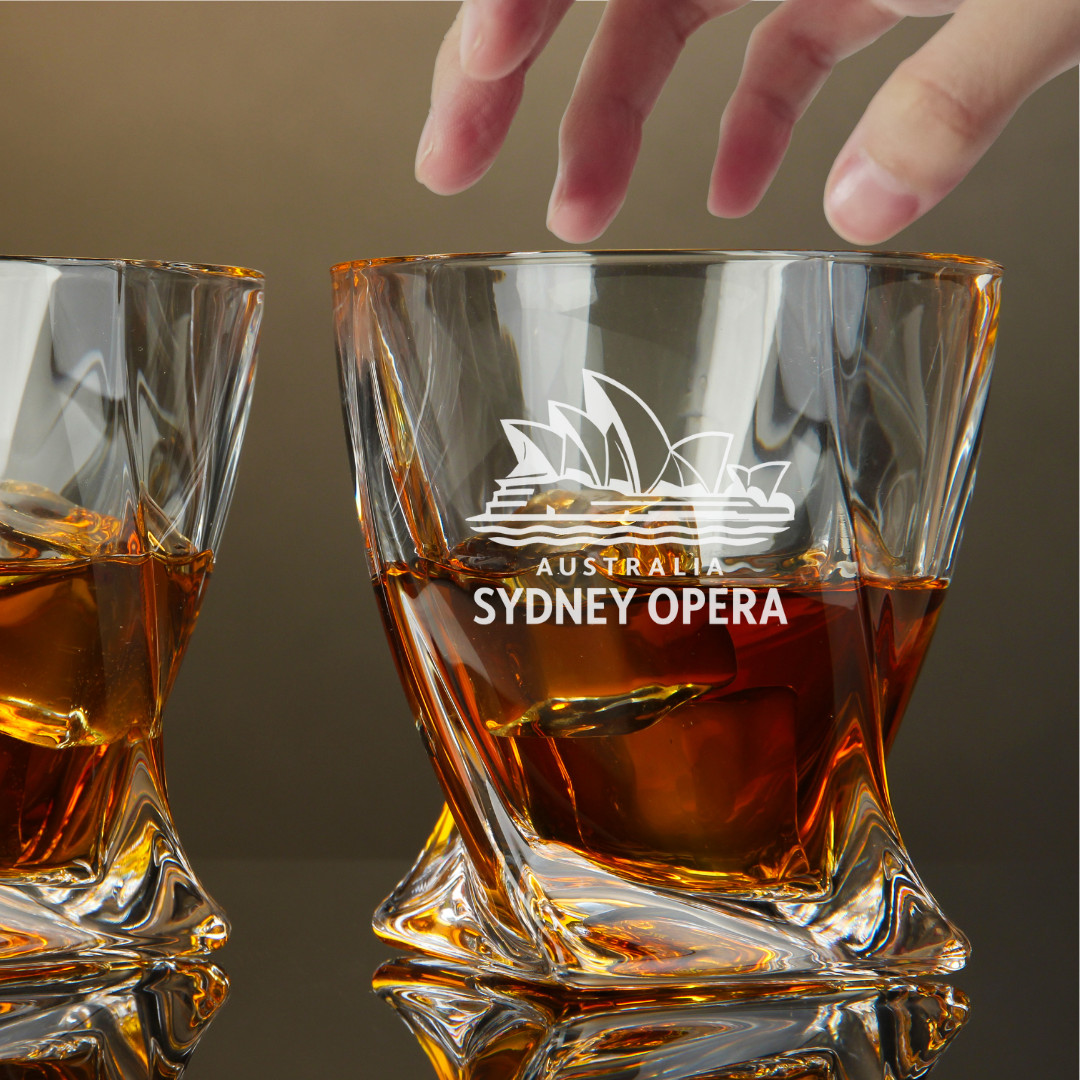 Custom Engraved Sydney Opera Australia Whiskey Glass – 10 oz Twisted Rocks Glass