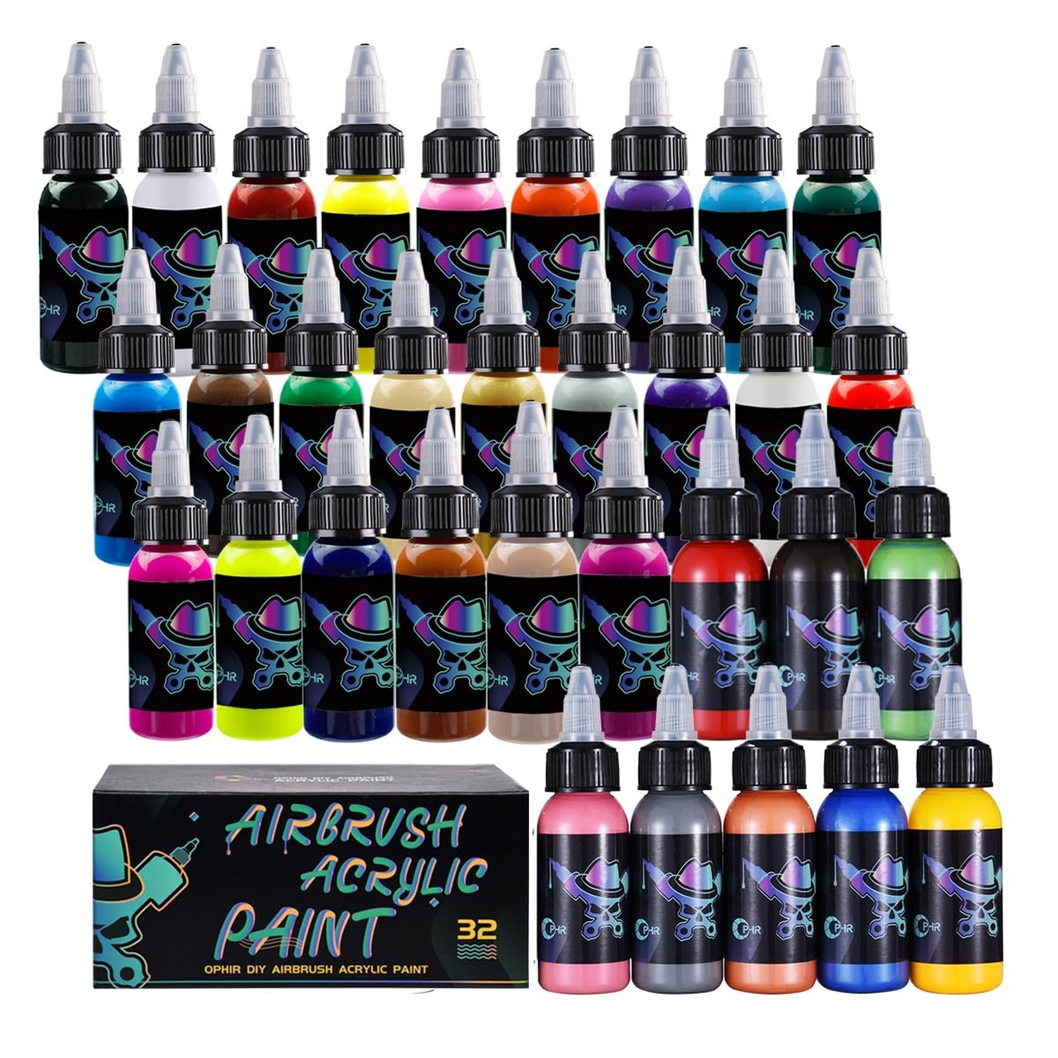 OPHIR 32-Color Opaque Acrylic Airbrush Paint Set, Water-Based Air Brush Paint...