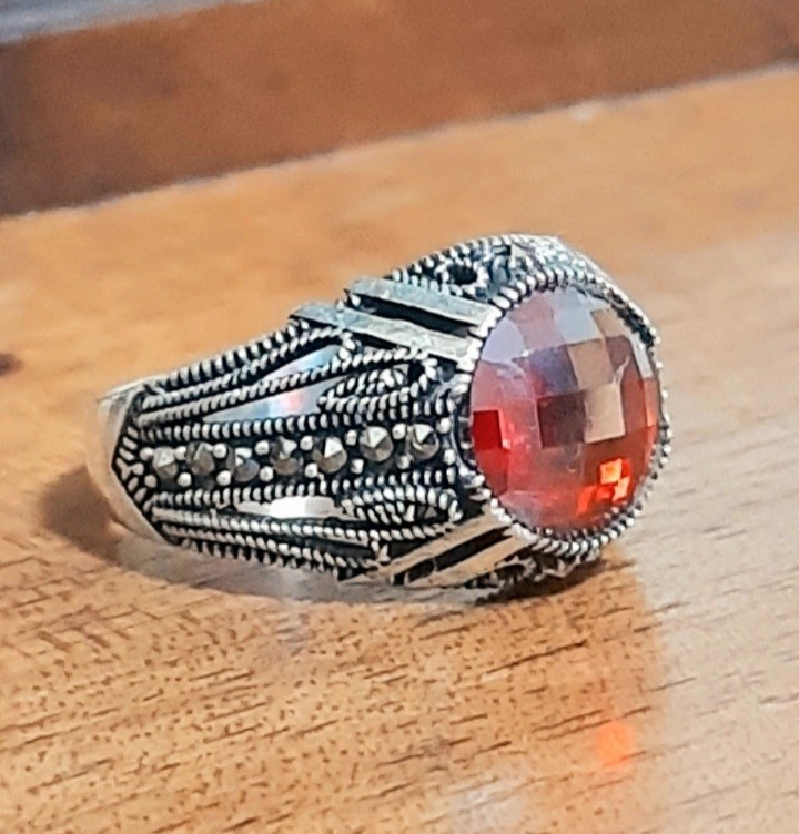 MENS 925 SILVER RING Red Tourmaline Solitaire Ruby Sterling Ring $