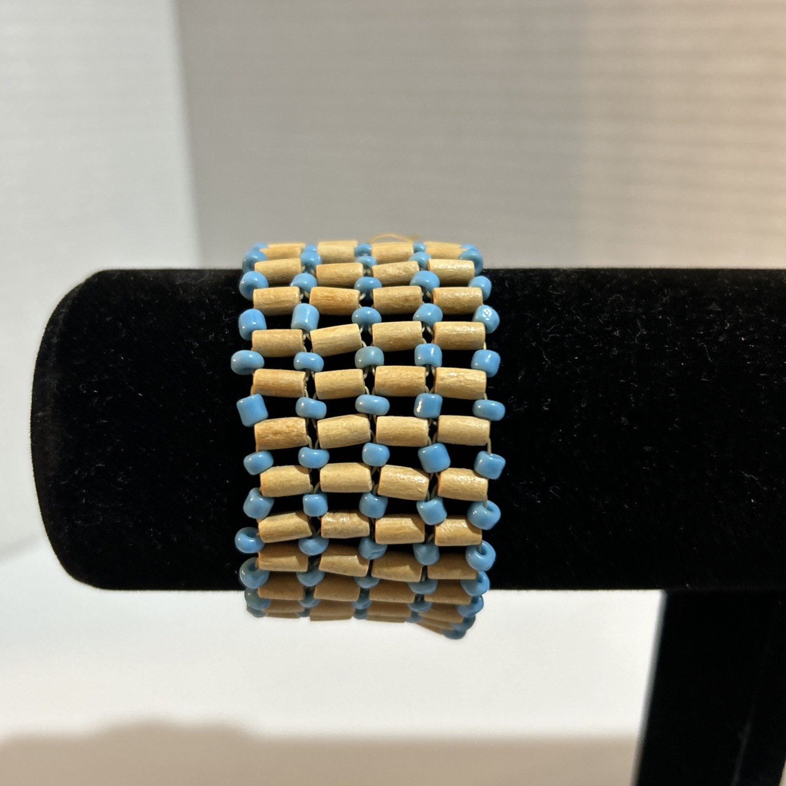 Handmade Tan And Turquoise Colored Beaded Bracelet Stretch