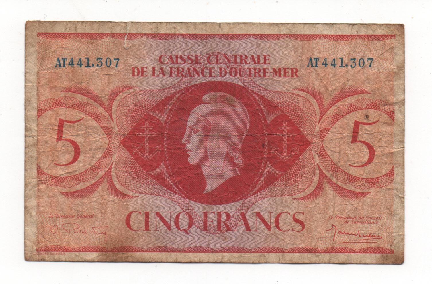 FRENCH EQUATORIAL AFRICA 5 FRANCS 1944 PICK 15 B LOOK SCANS