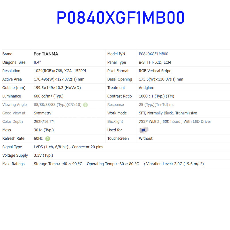 New P0840XGF1MB00 8.4 Inch LCD Display Screen Panel