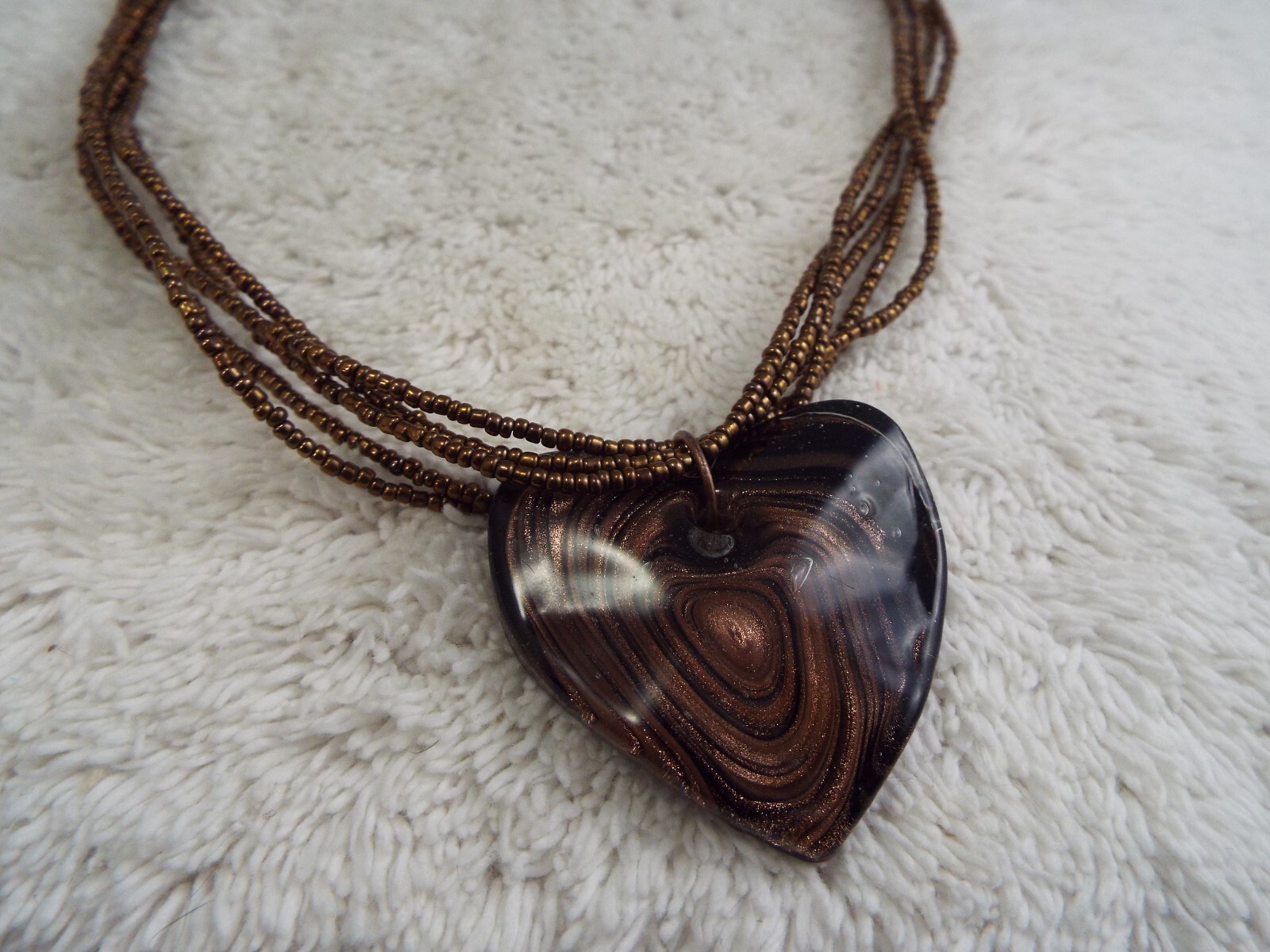 Black Brown Glass Heart Pendant Necklace (H9)