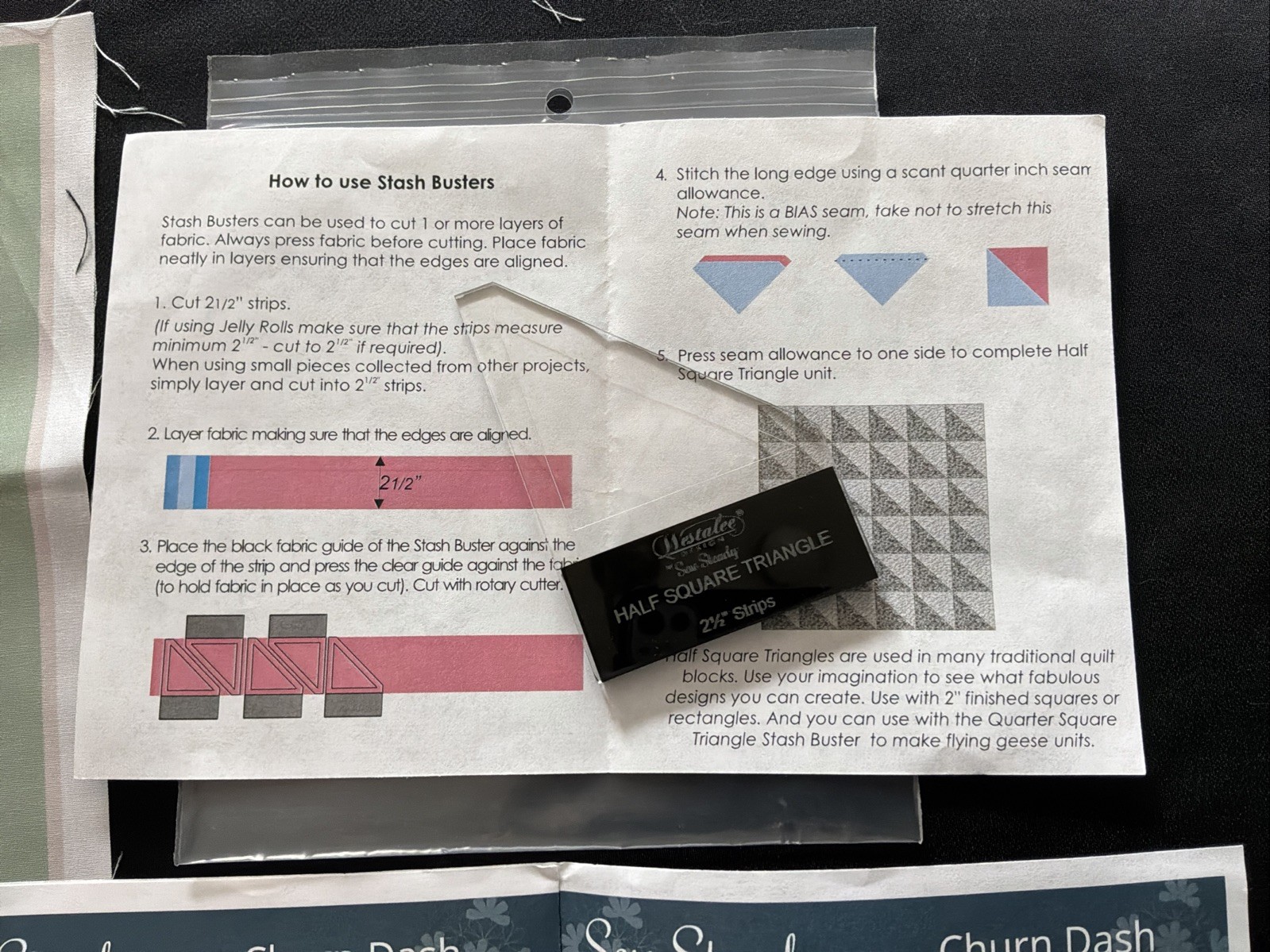 Sew Steady Churn Dash Template, Practice Fabric And Half Square Triangle