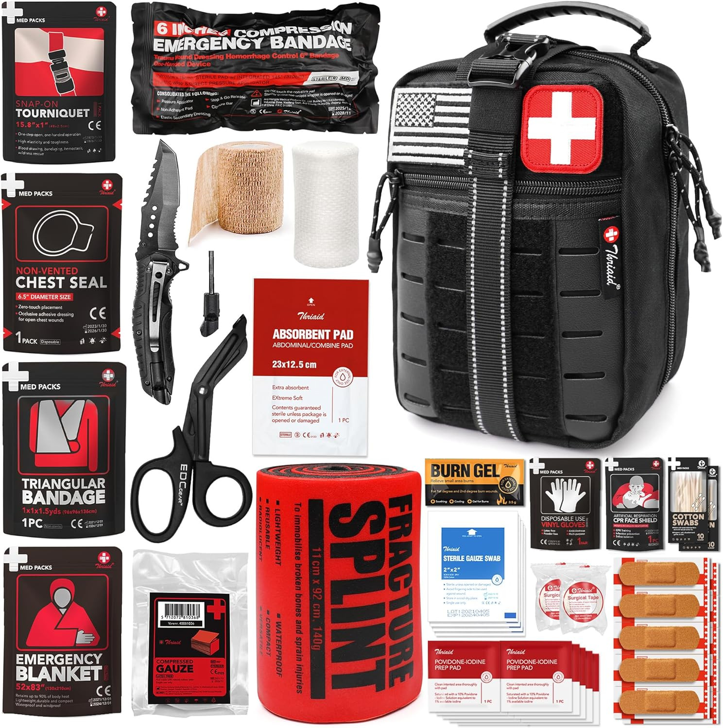 Survival First Aid Kit with Israeli Bandage, Chest Seal, Tourniquet, Splint, Tac