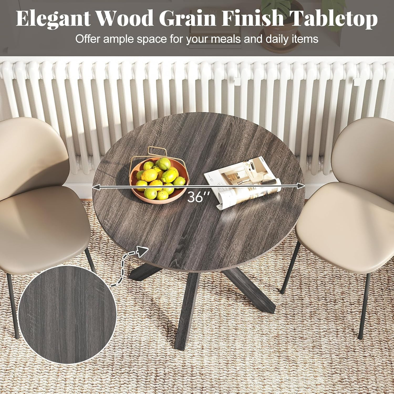Modern 36" Round Dining Table for 2-4 with Rubber Wood Legs - Black