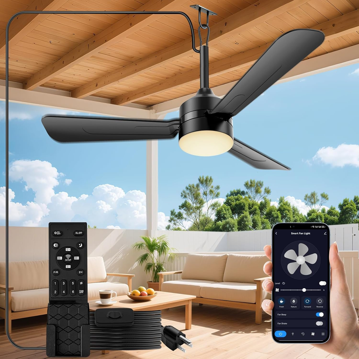 36.5 Inch Plug In Ceiling Fan with Lights LED Remote Portable Gazebo Pergola
