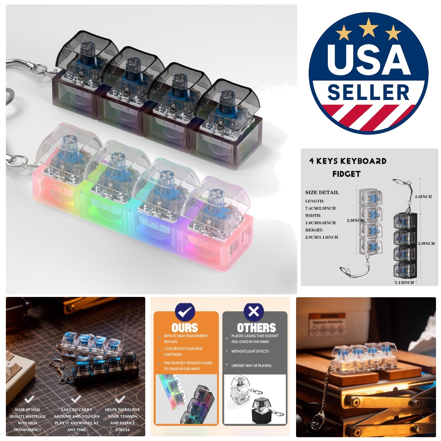 Interactive LED Fidget Keyboard Keychain - 2 pcs Anxiety Relief for Adults