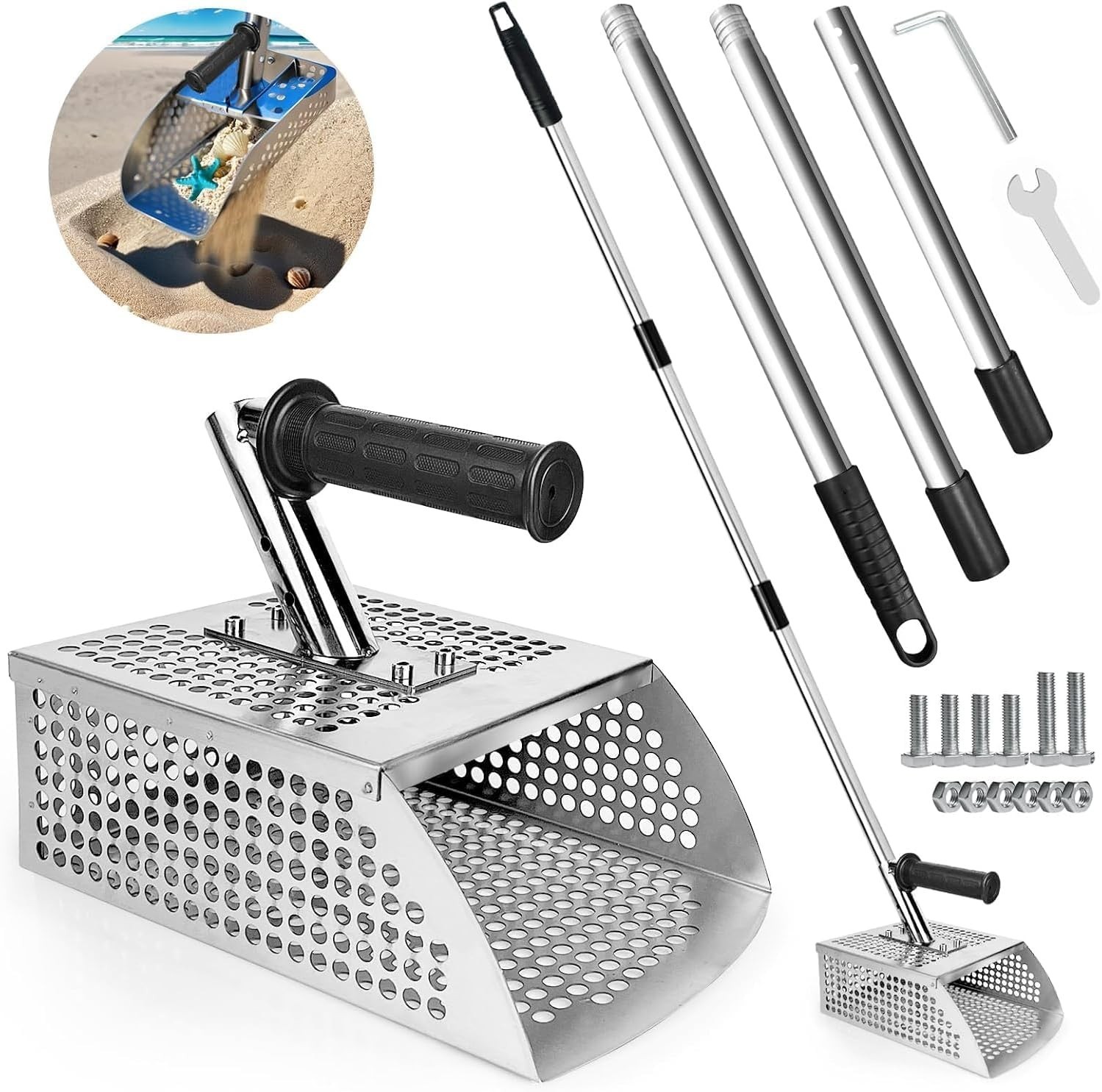 Sand Flea Rake - 51" Long Handle Sand Scoop - Detection Tool with anti Slip Hand
