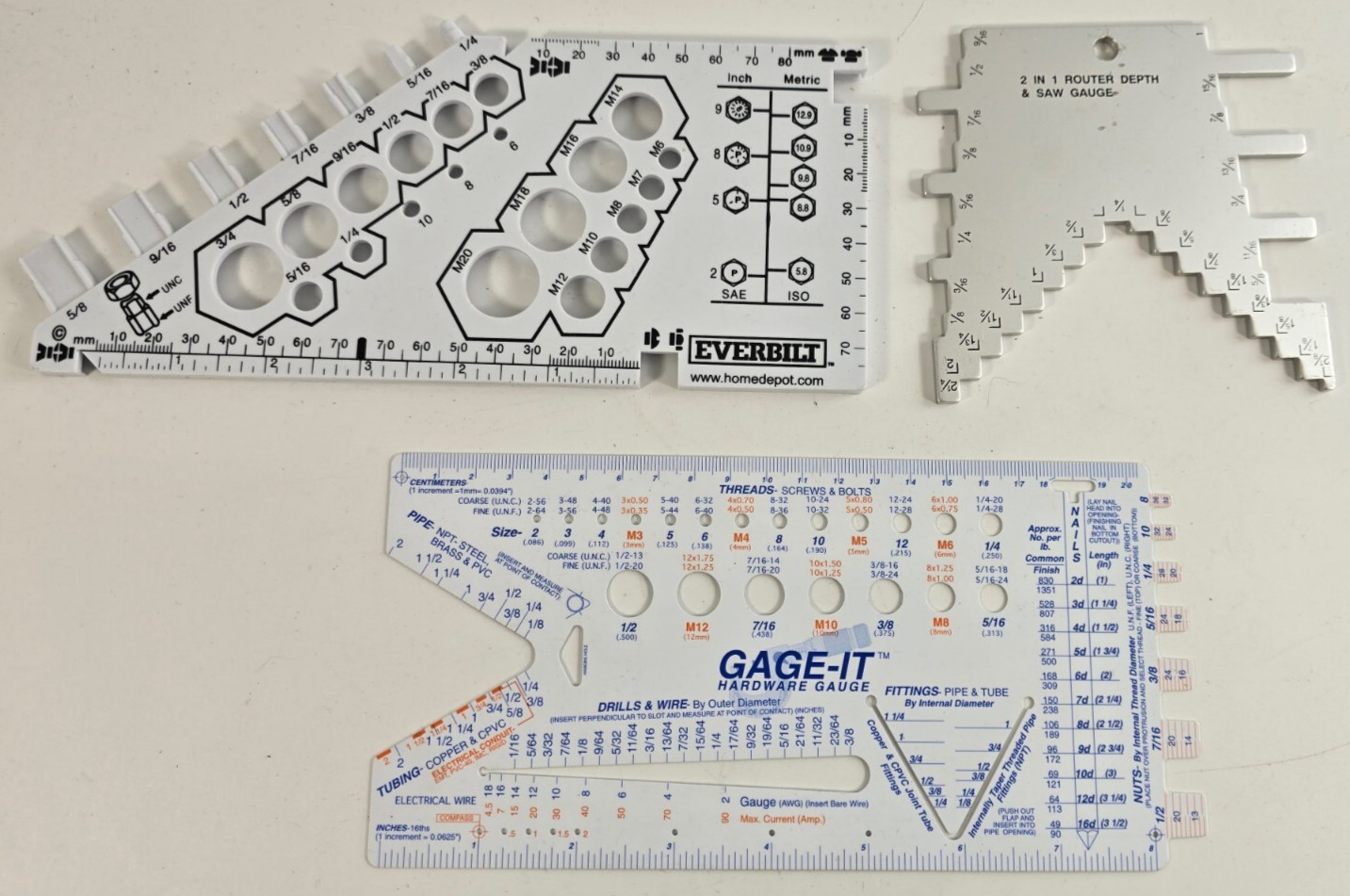 3-Piece Workshop Gauge Lot – Everbilt Thread Checker, Router Depth & Saw Gauges