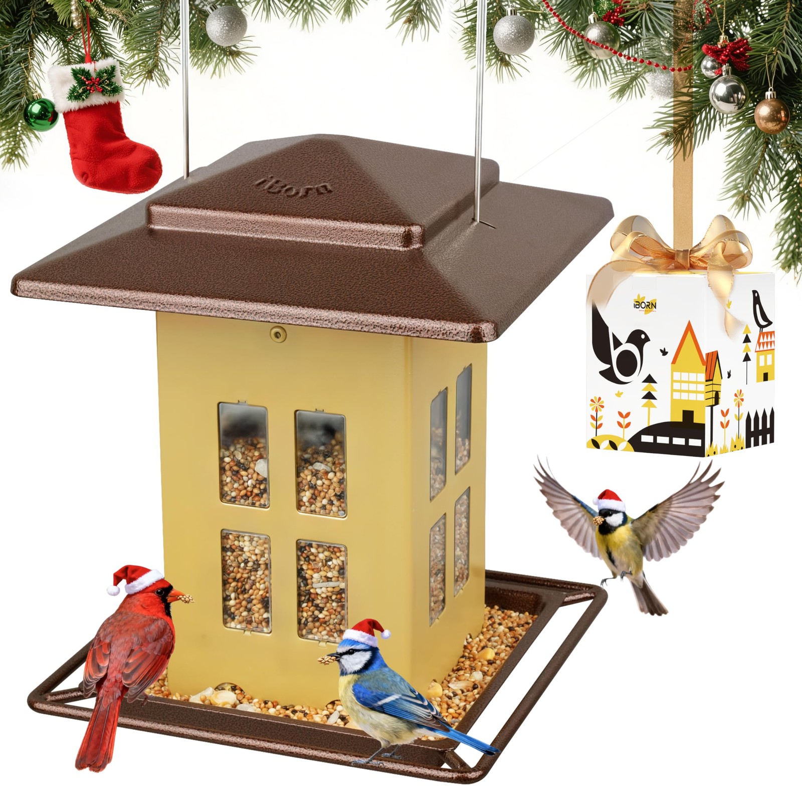 iBorn Bird Feeder for Outdoor Hanging,Metal Hanging Muted Yellow