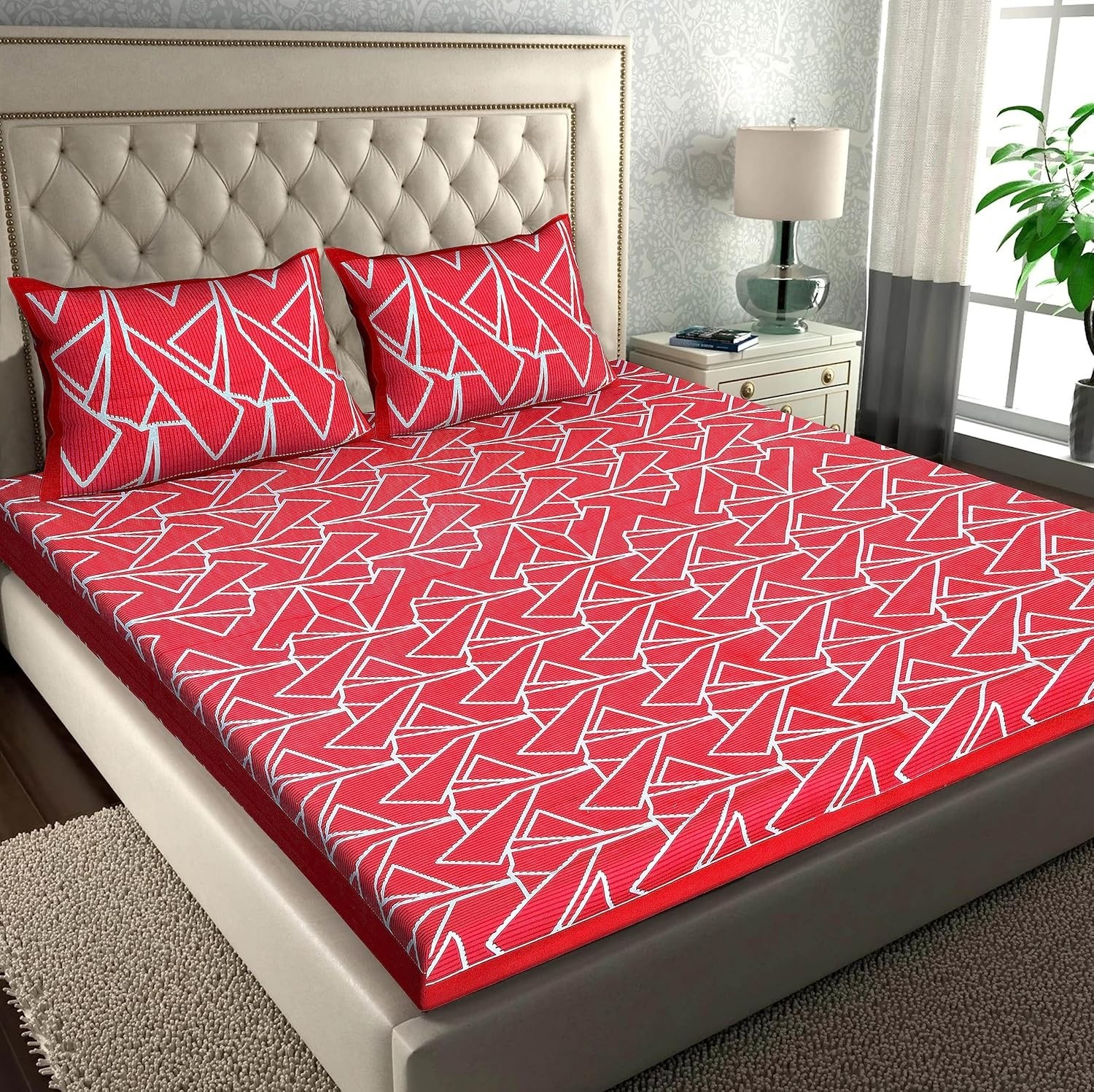 Premium Cotton Double Bed Sheet Red Abstract Print Design with 2 Pillowcases