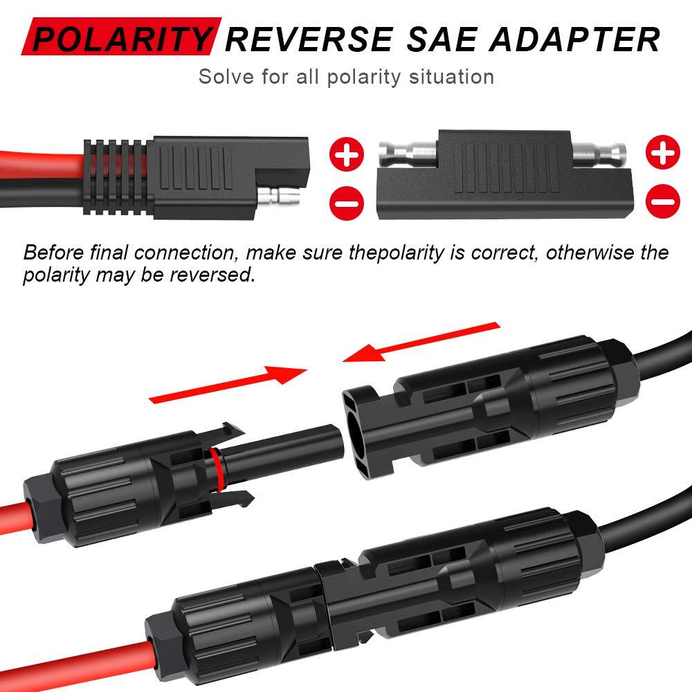 2x Solar Panel Extension Cable 2FT 10AWG, SAE to SAE Polarity Reverse Adapter