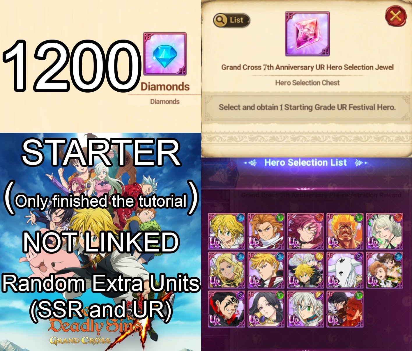SEVEN DEADLY SINS GRAND CROSS, 1200 Diamonds, UR Selector, Random Units, GLOBAL