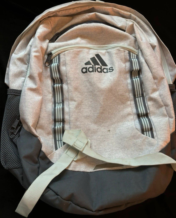 adidas Gray Hiking Backpack Mesh Side Pockets Adjustable Straps Padded Back Logo