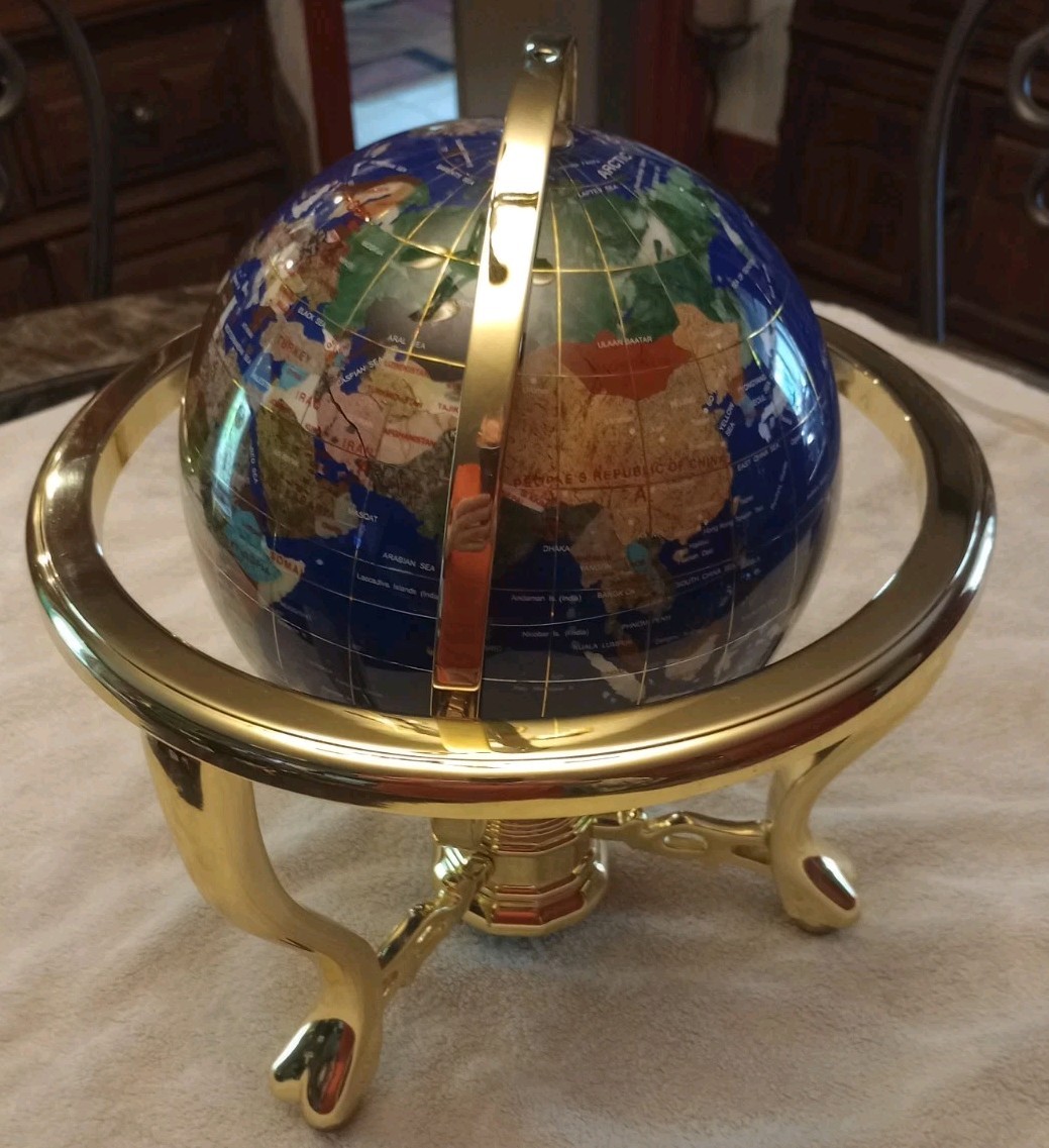14" Blue Ocean Gemstone World Globe Metal Stand & Compass 14 Inch Excellent Cond