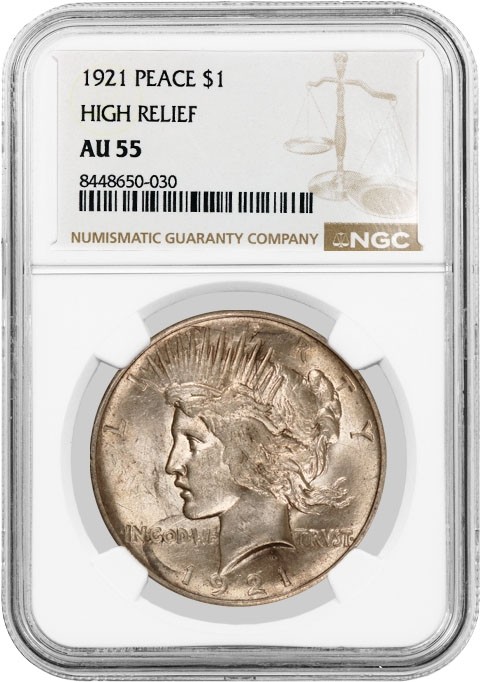 1921 High Relief $1 Silver Peace Dollar NGC AU55 About Uncirculated Key Date